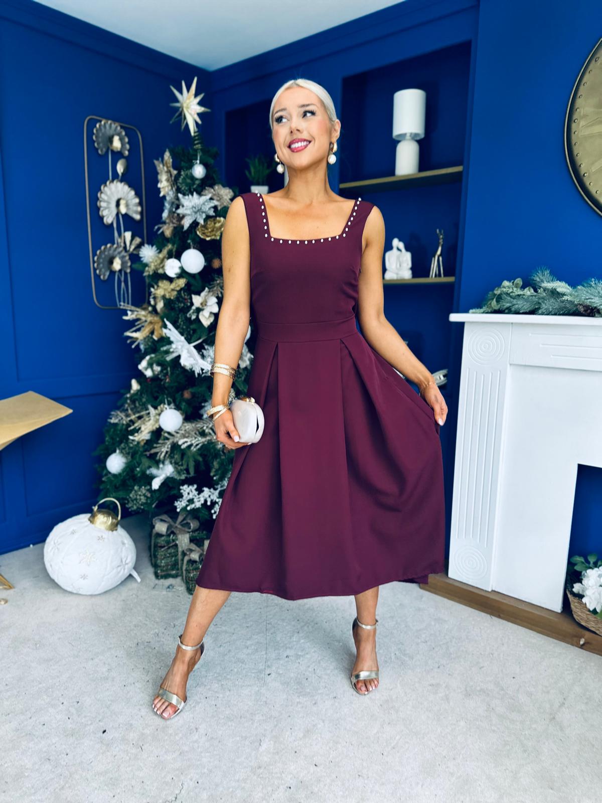 Harper Pearl & Bow Detail Midi Dress Burgundy