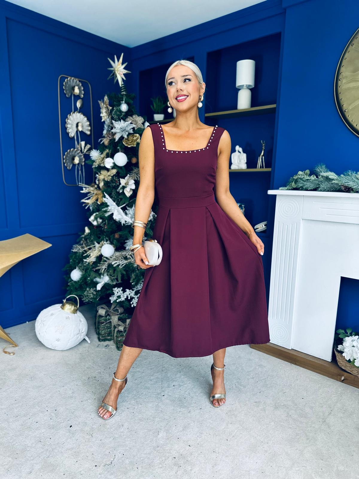 Harper Pearl & Bow Detail Midi Dress Burgundy