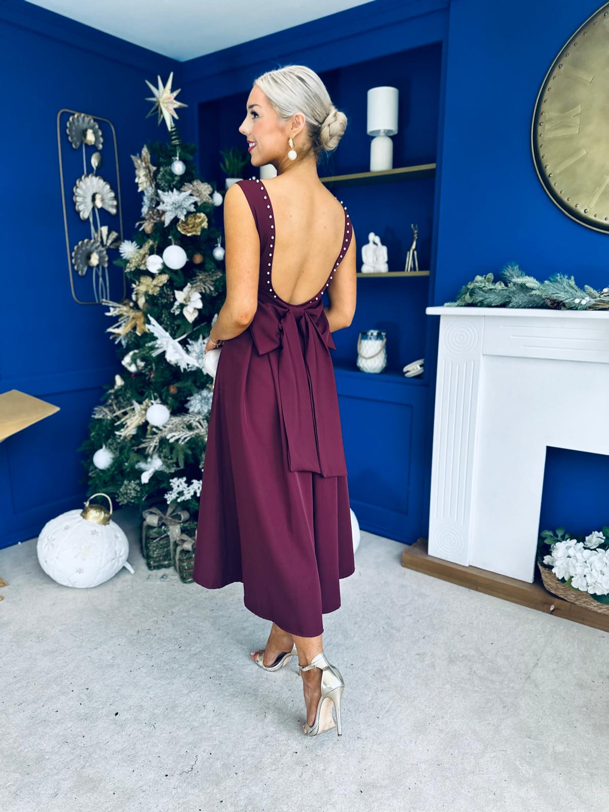 Harper Pearl & Bow Detail Midi Dress Burgundy