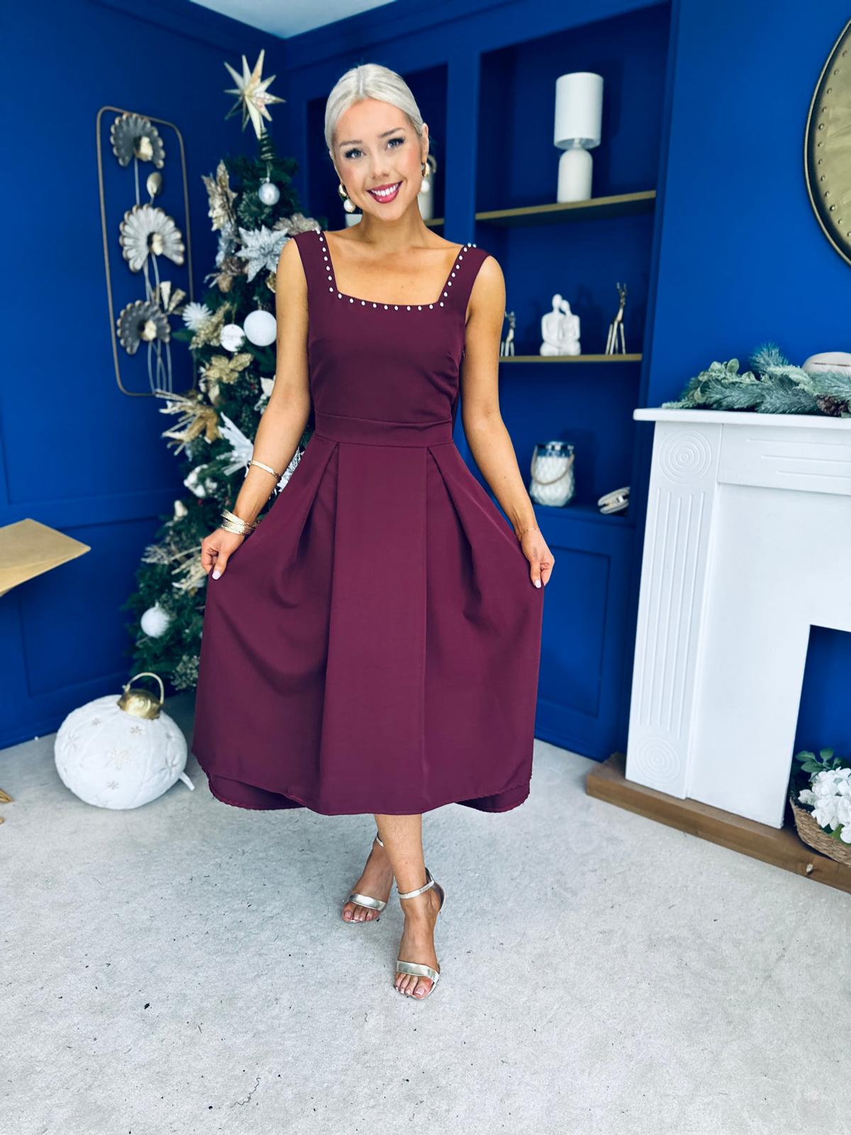 Harper Pearl & Bow Detail Midi Dress Burgundy