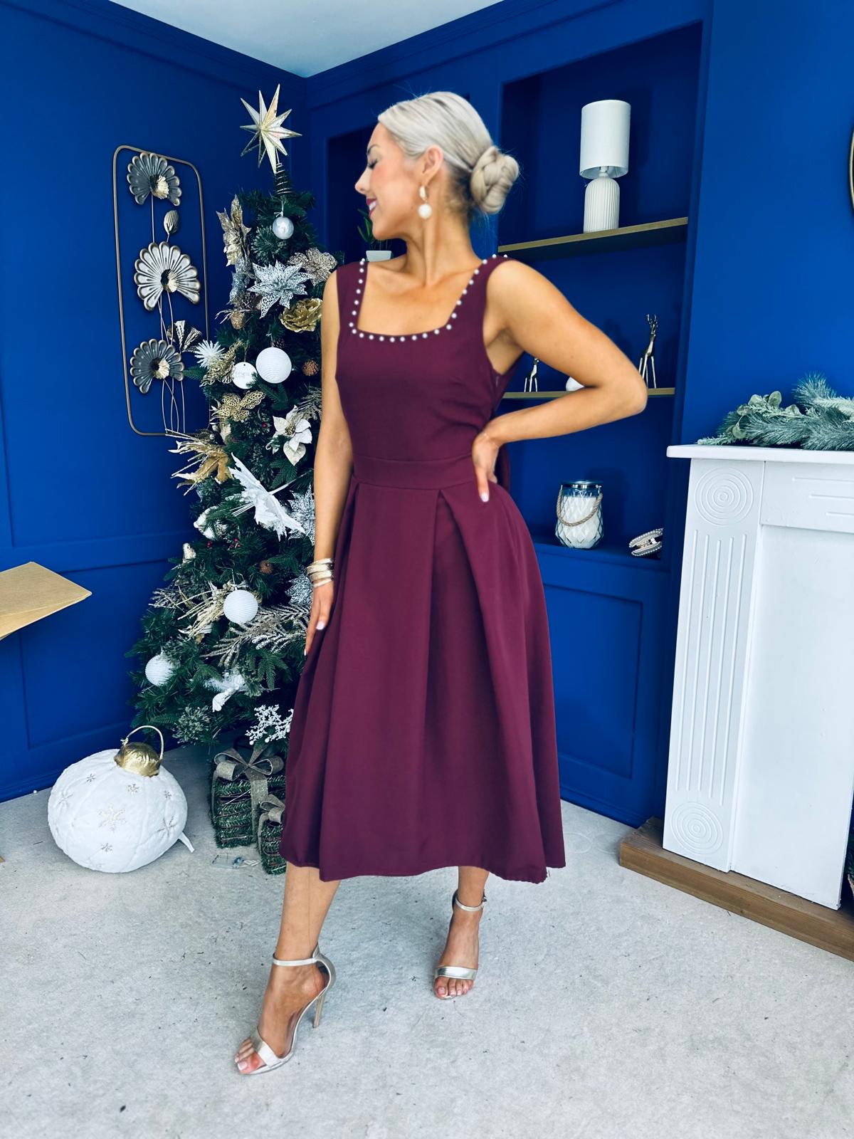 Harper Pearl & Bow Detail Midi Dress Burgundy