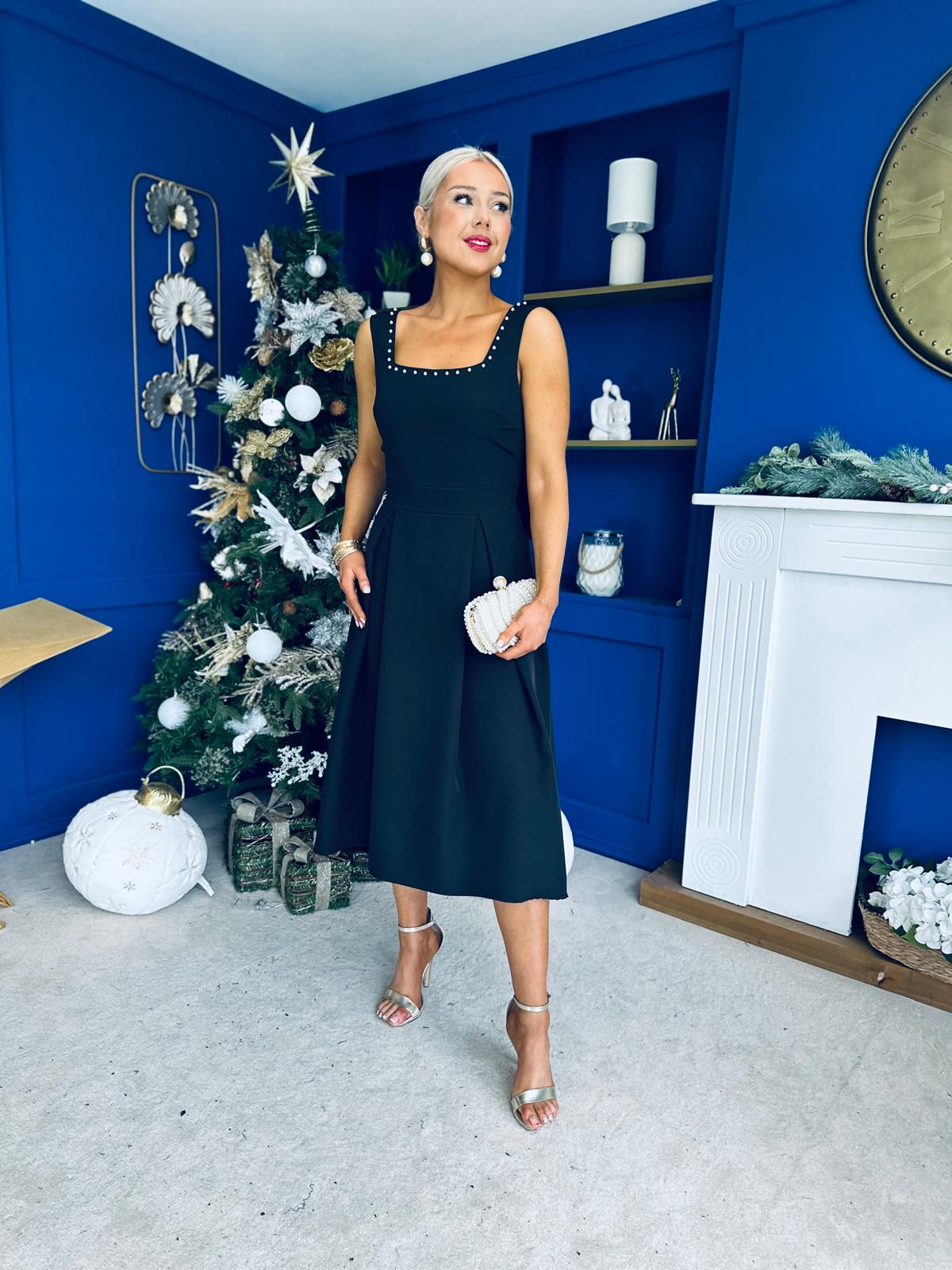 Harper Pearl & Bow Detail Midi Dress Black