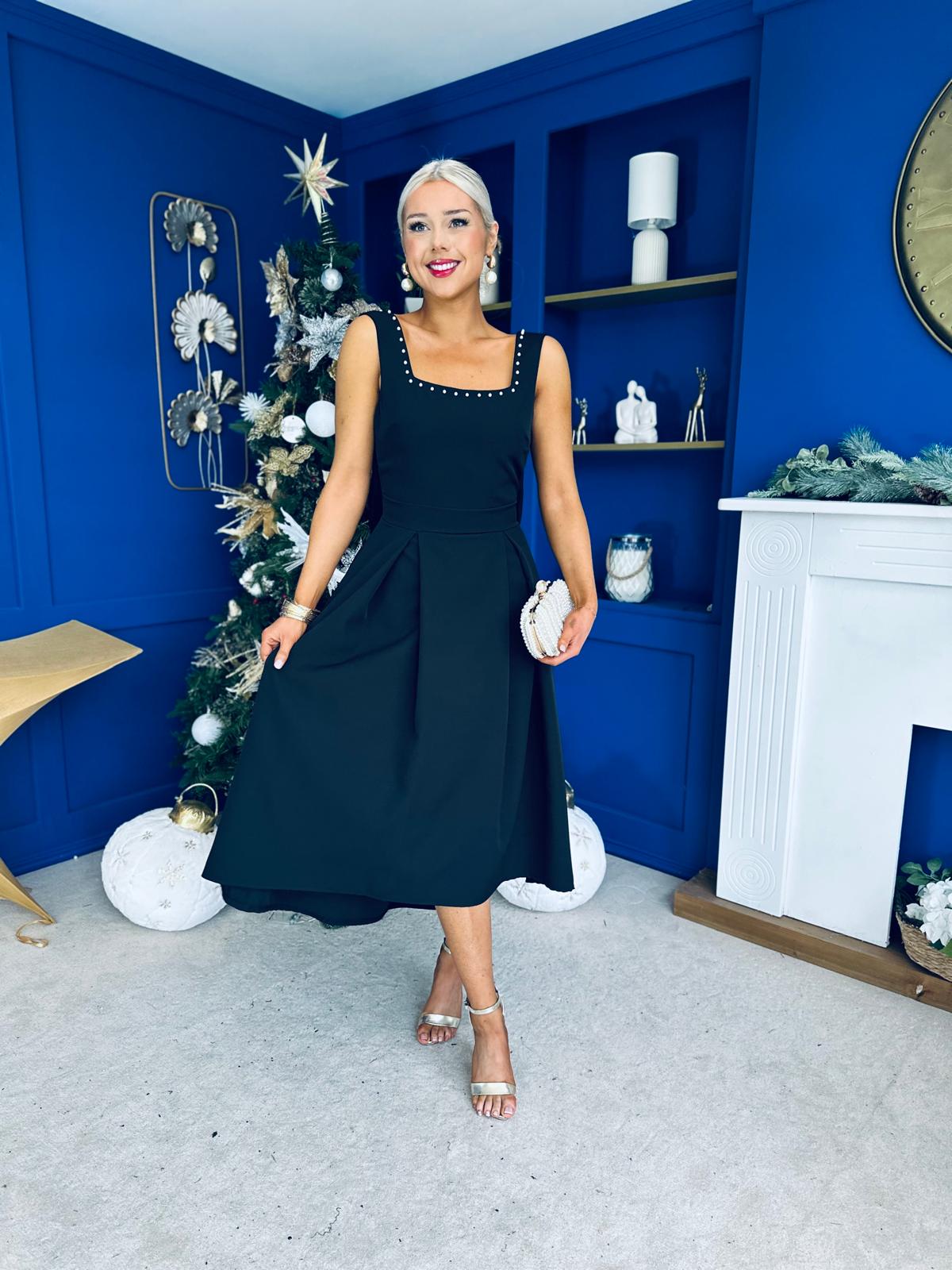 Harper Pearl & Bow Detail Midi Dress Black