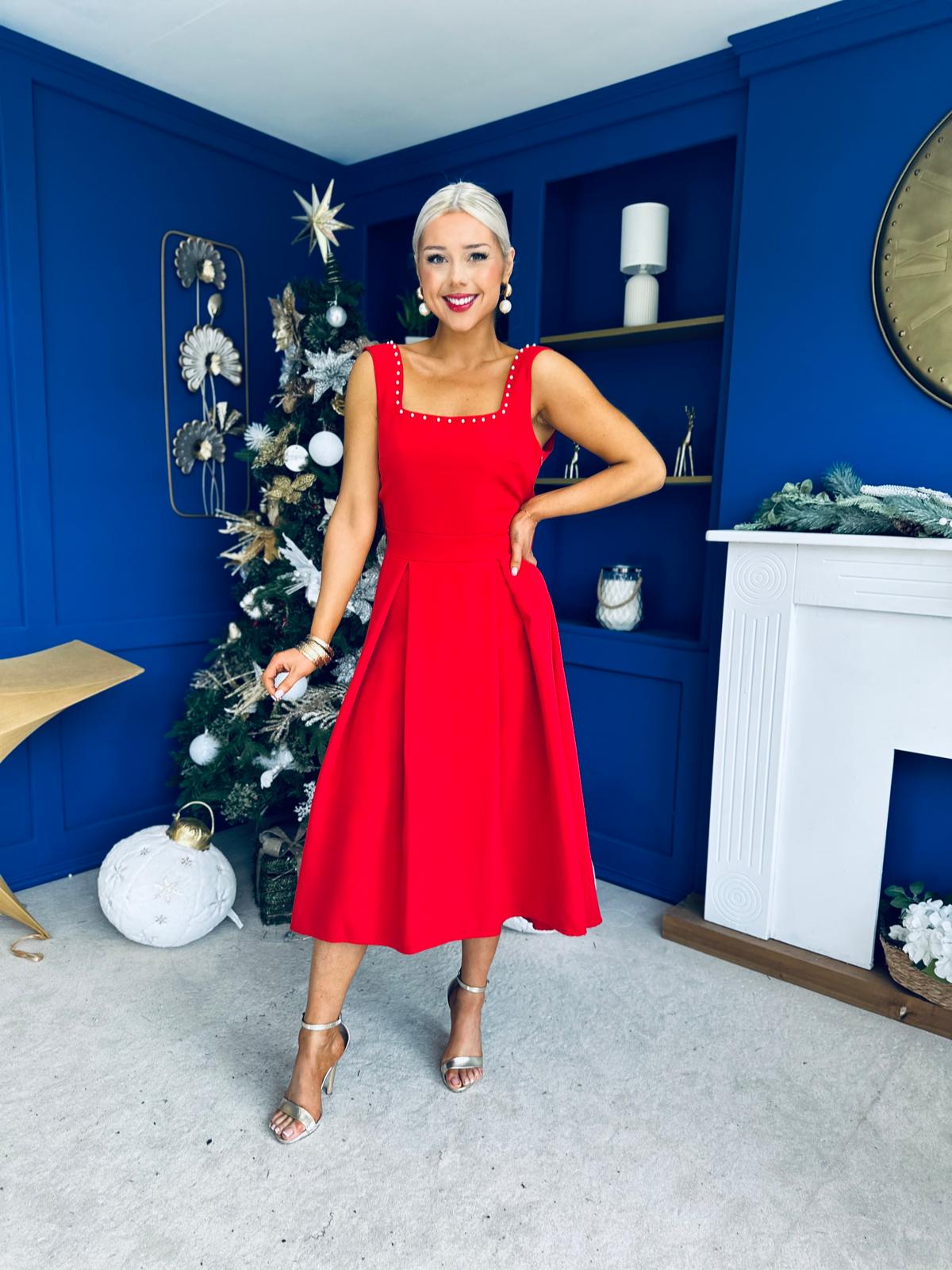 Harper Pearl & Bow Detail Midi Dress Red