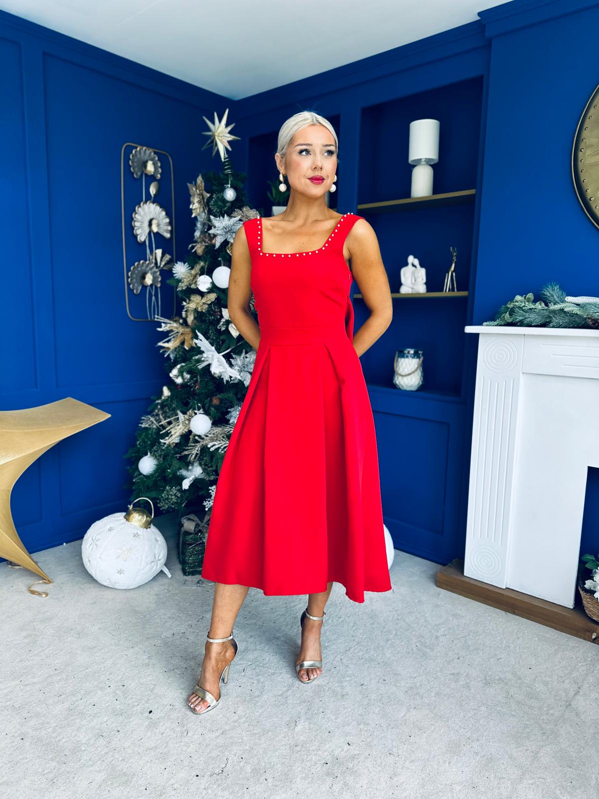 Harper Pearl & Bow Detail Midi Dress Red