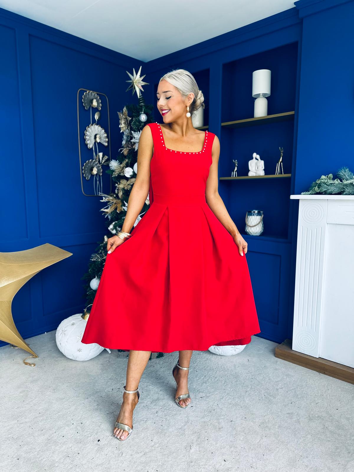 Harper Pearl & Bow Detail Midi Dress Red