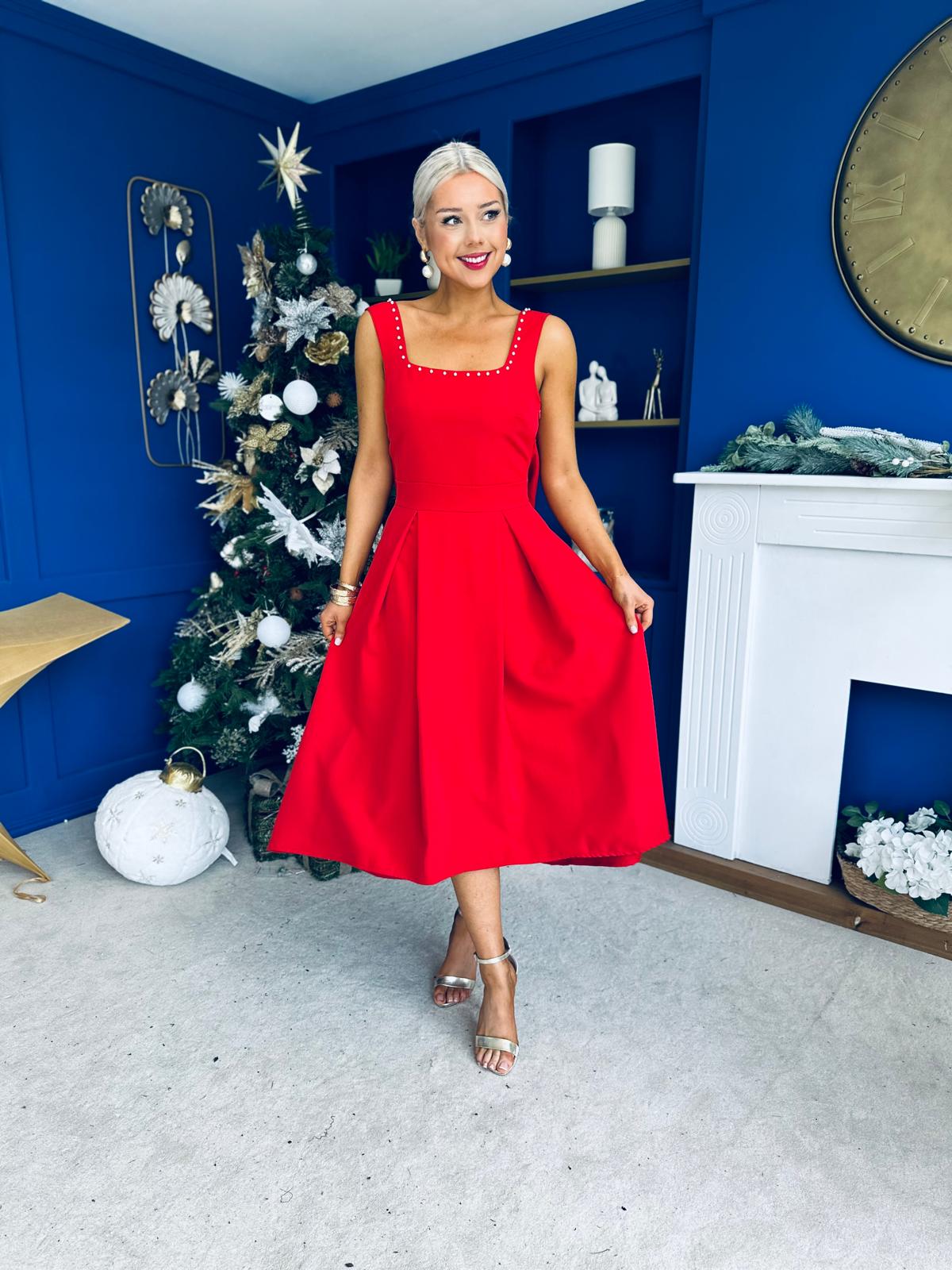 Harper Pearl & Bow Detail Midi Dress Red