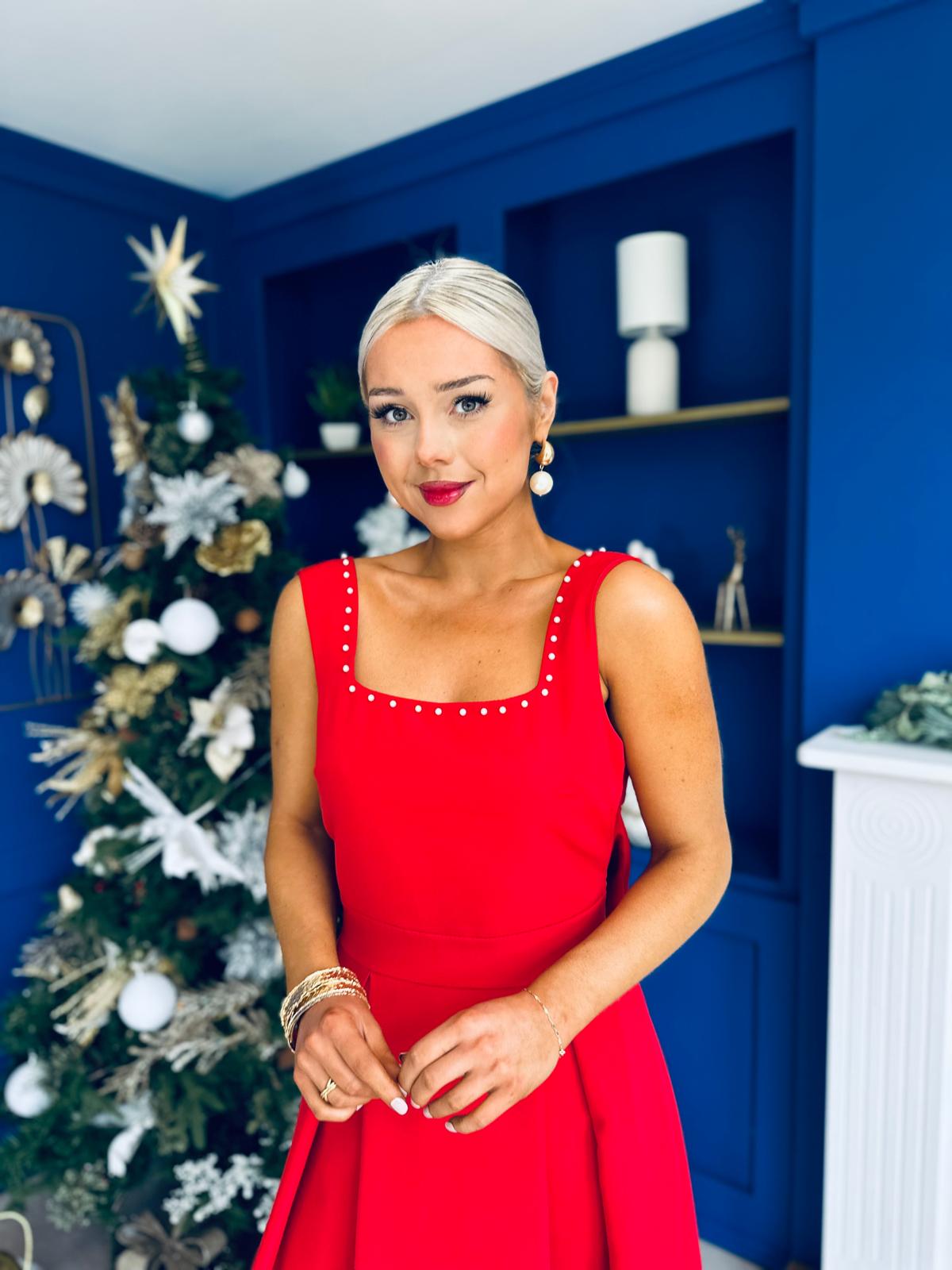 Harper Pearl & Bow Detail Midi Dress Red