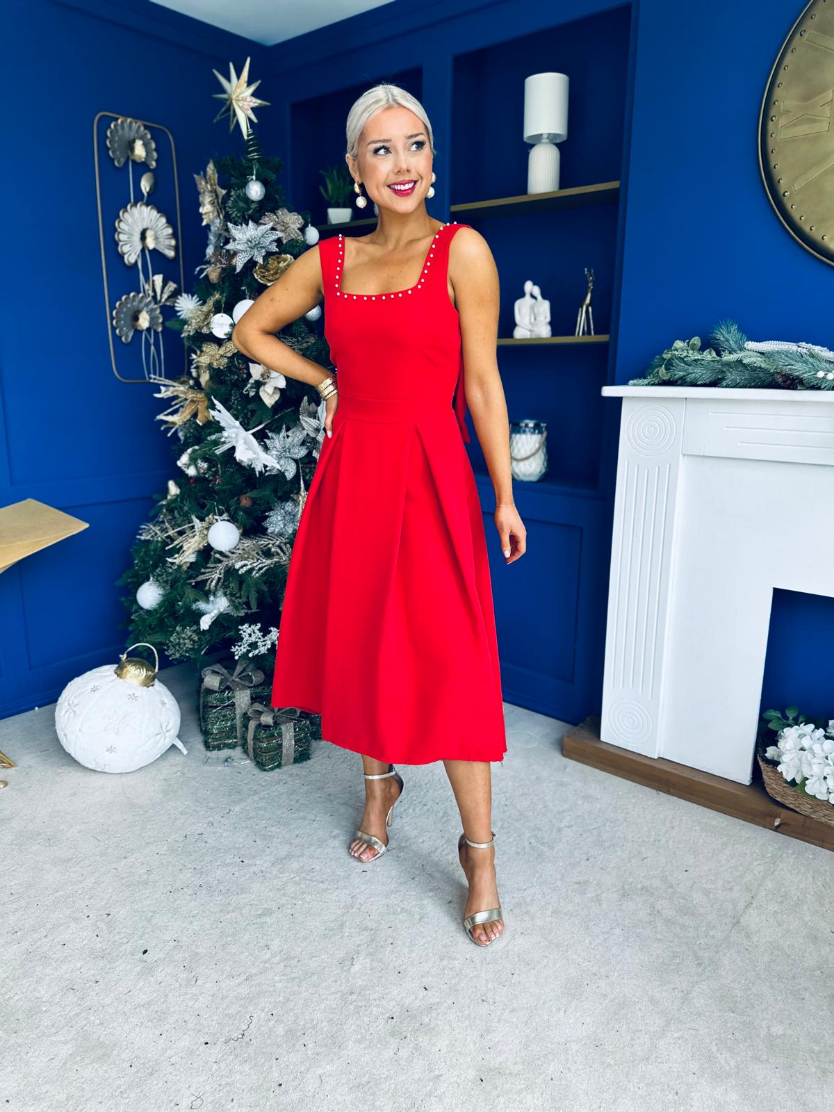 Harper Pearl & Bow Detail Midi Dress Red