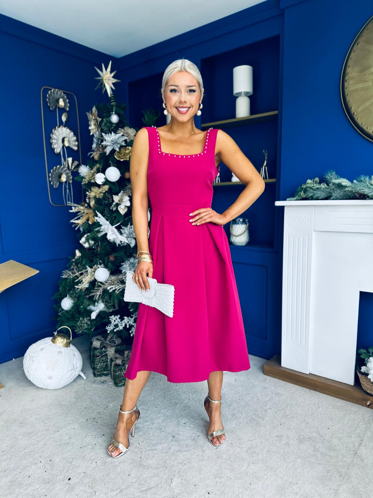 Harper Pearl & Bow Detail Midi Dress Raspberry