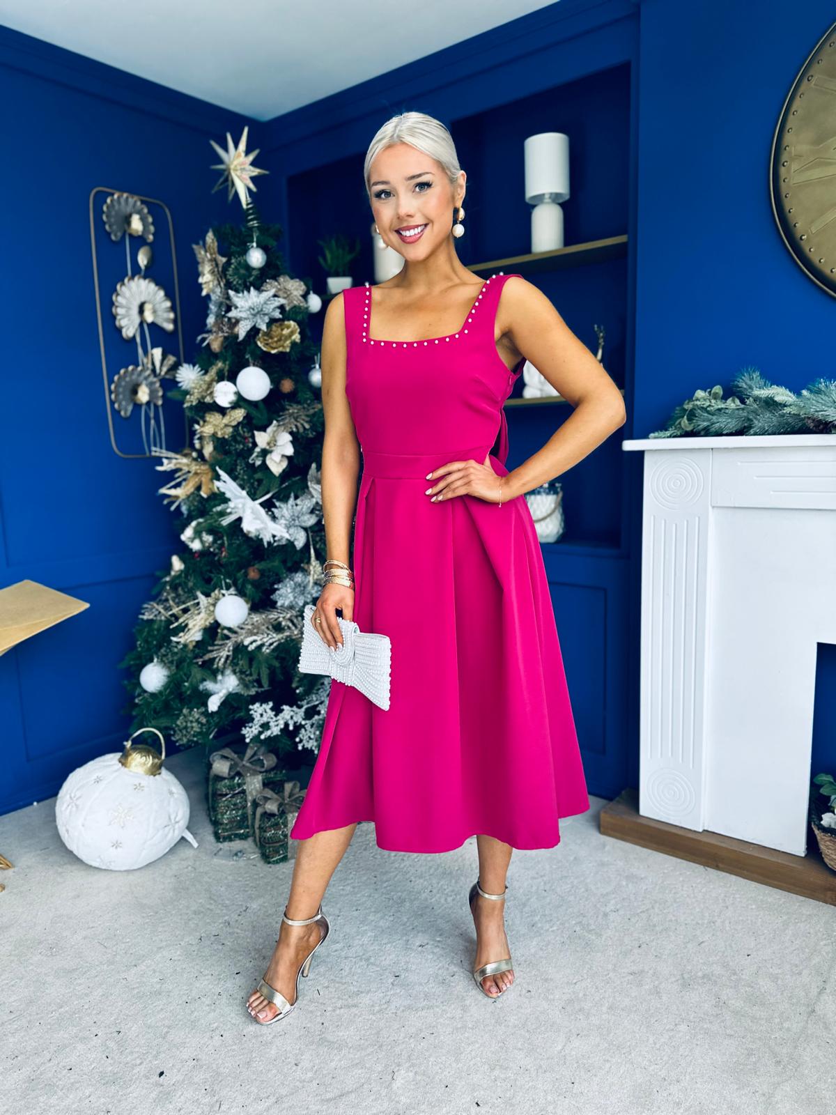 Harper Pearl & Bow Detail Midi Dress Raspberry