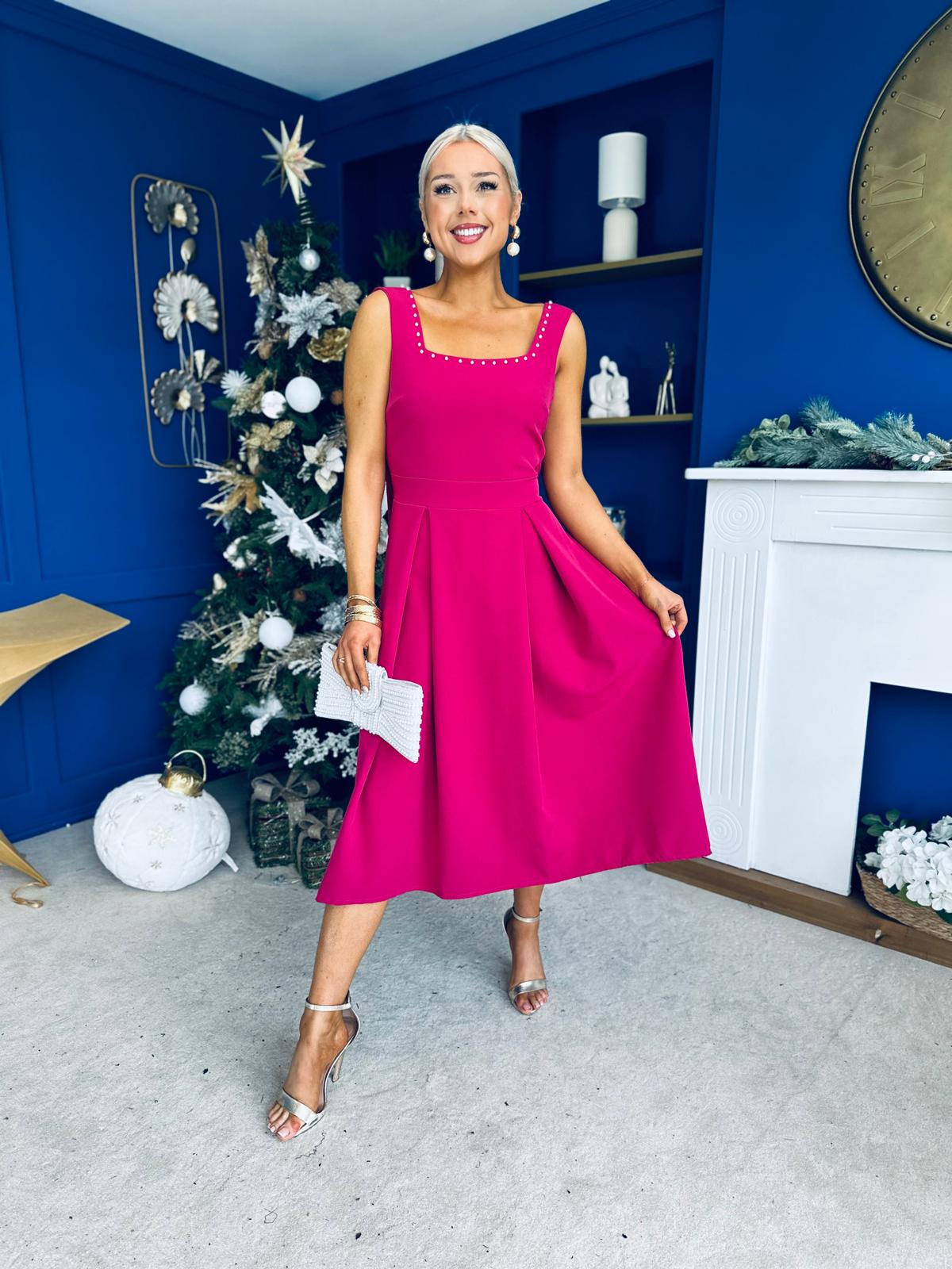 Harper Pearl & Bow Detail Midi Dress Raspberry