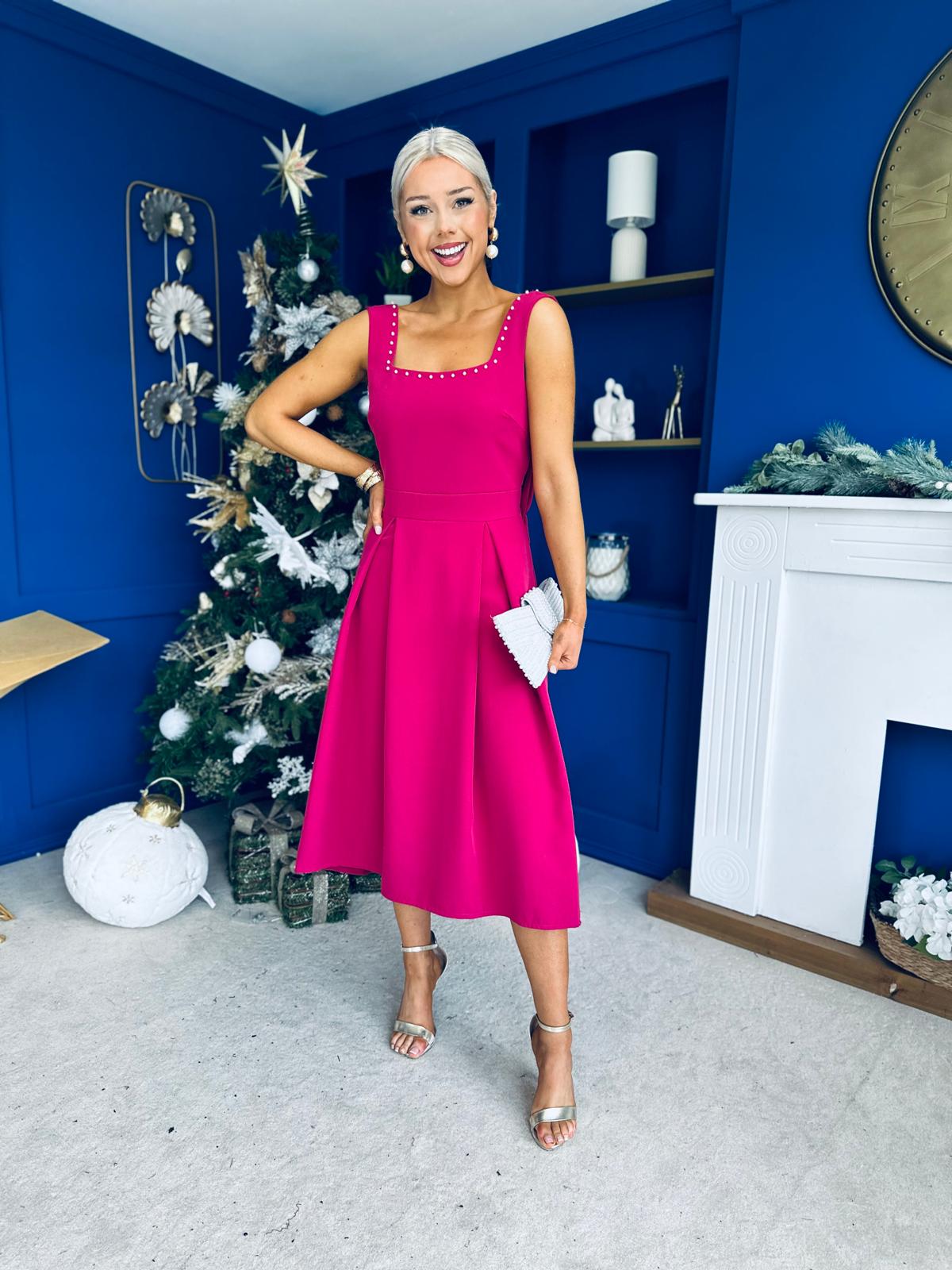 Harper Pearl & Bow Detail Midi Dress Raspberry