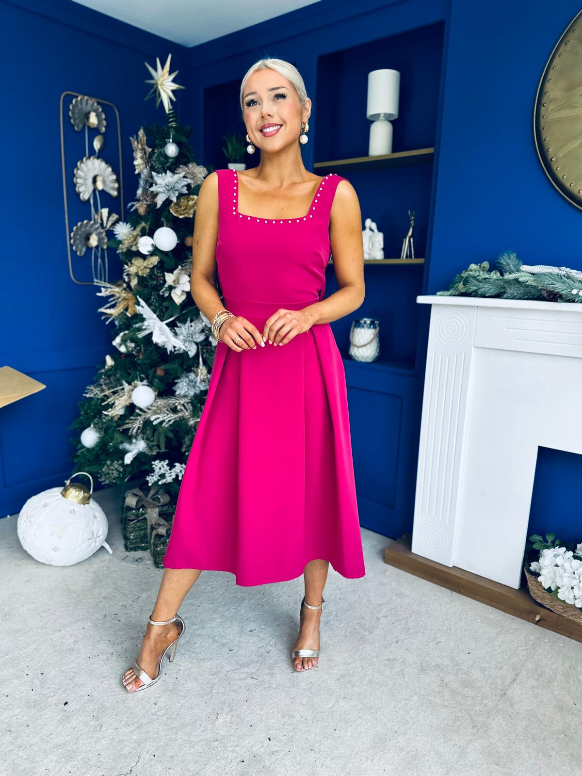 Harper Pearl & Bow Detail Midi Dress Raspberry