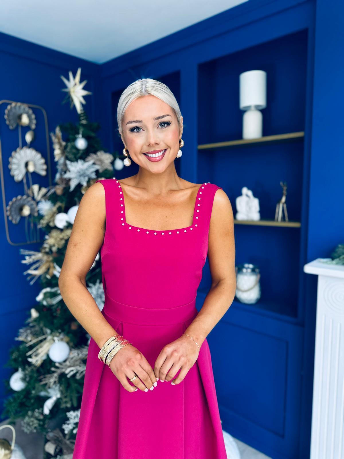 Harper Pearl & Bow Detail Midi Dress Raspberry