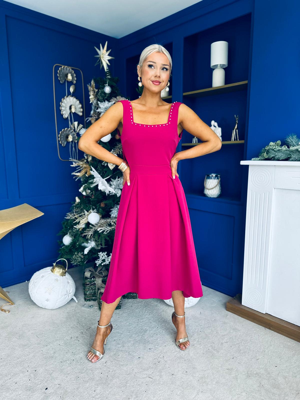 Harper Pearl & Bow Detail Midi Dress Raspberry