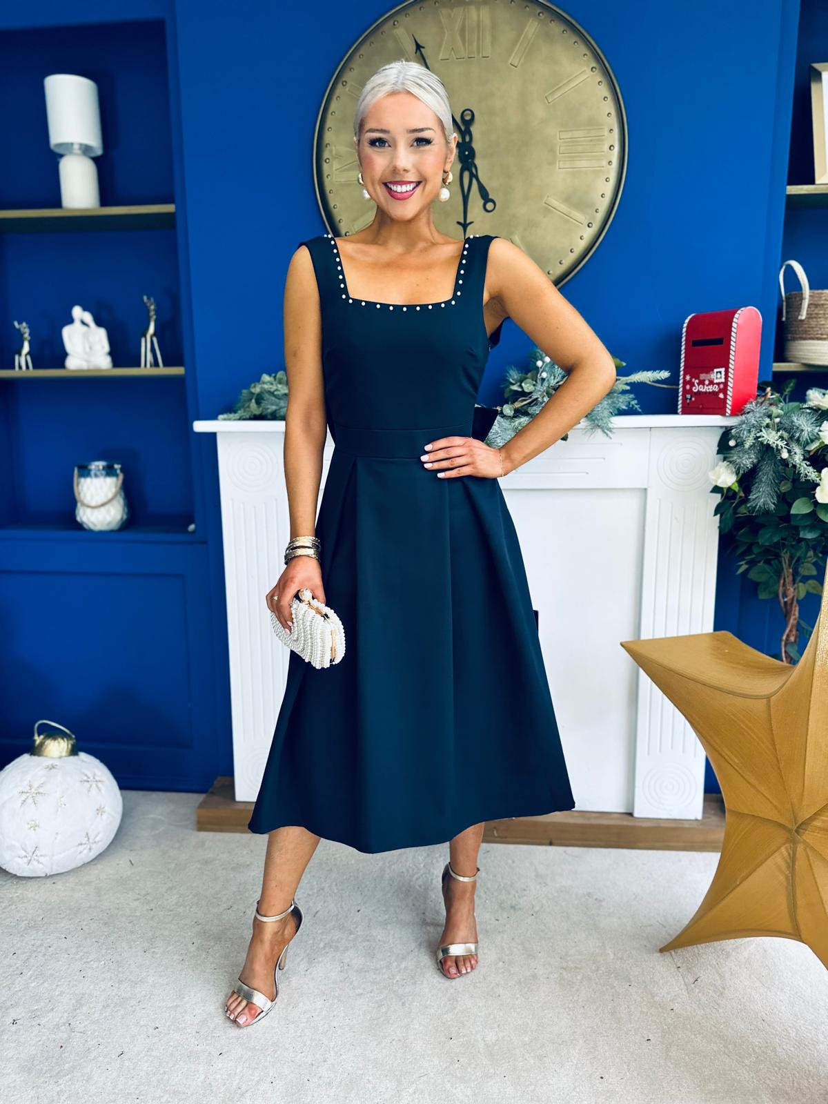 Harper Pearl & Bow Detail Midi Dress Navy