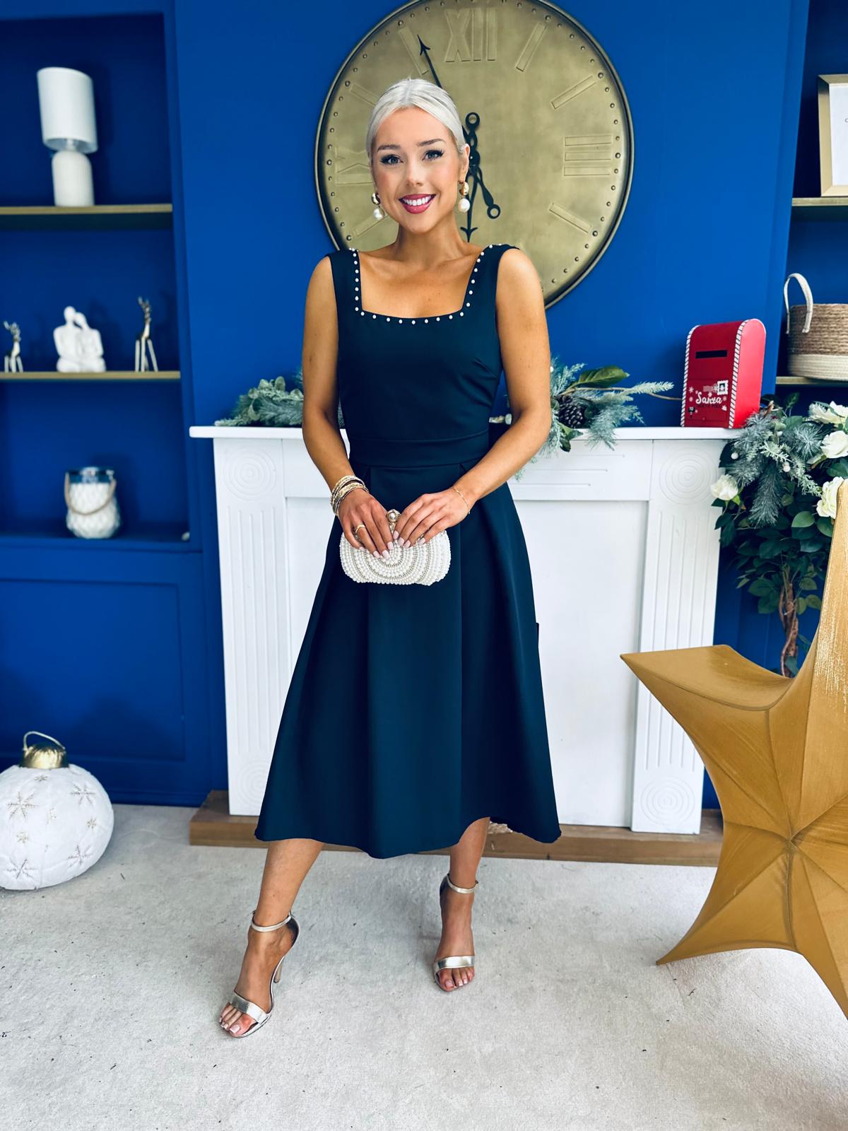 Harper Pearl & Bow Detail Midi Dress Navy