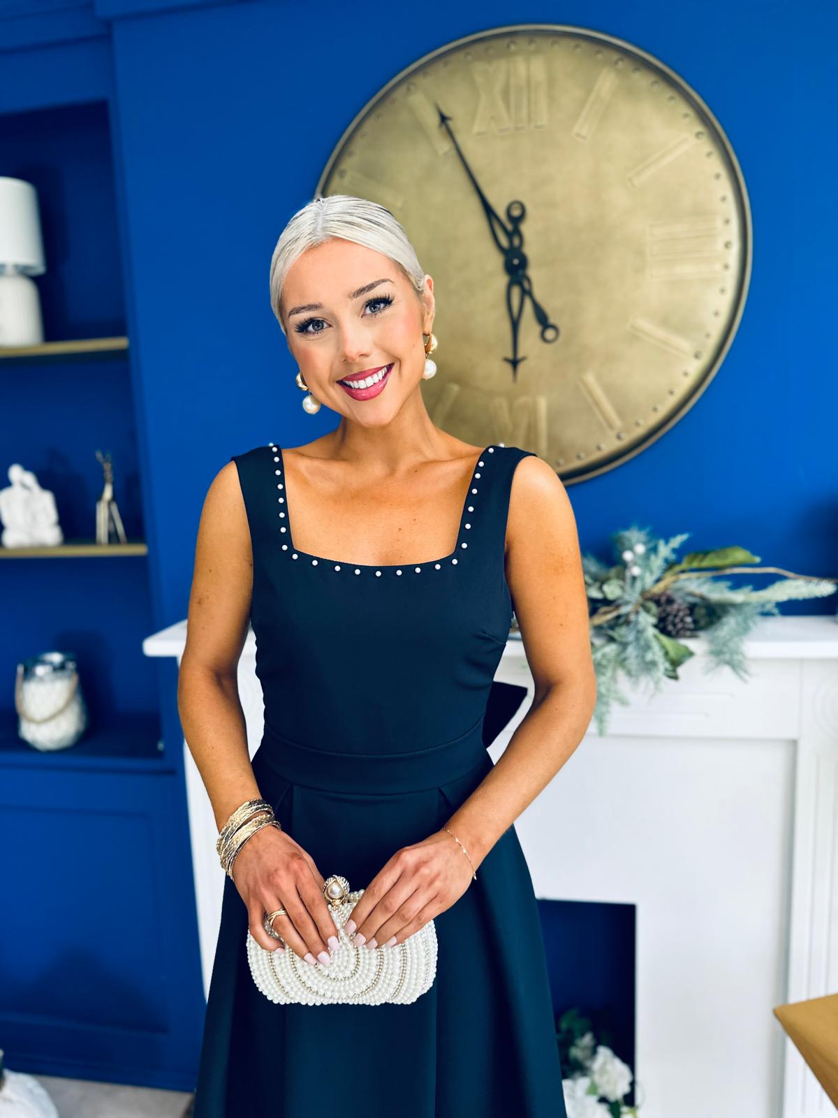 Harper Pearl & Bow Detail Midi Dress Navy