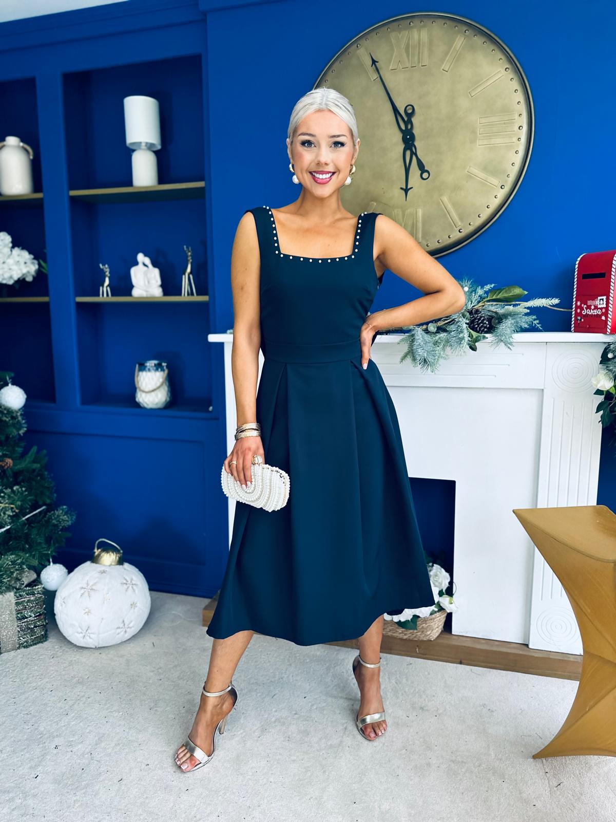 Harper Pearl & Bow Detail Midi Dress Navy