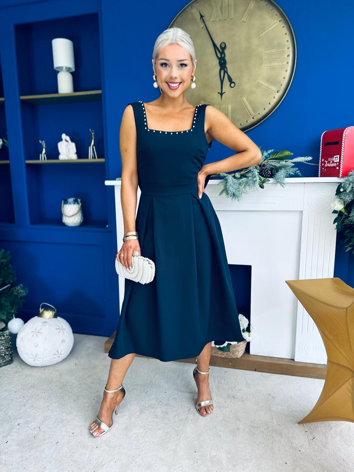 Harper Pearl & Bow Detail Midi Dress Navy