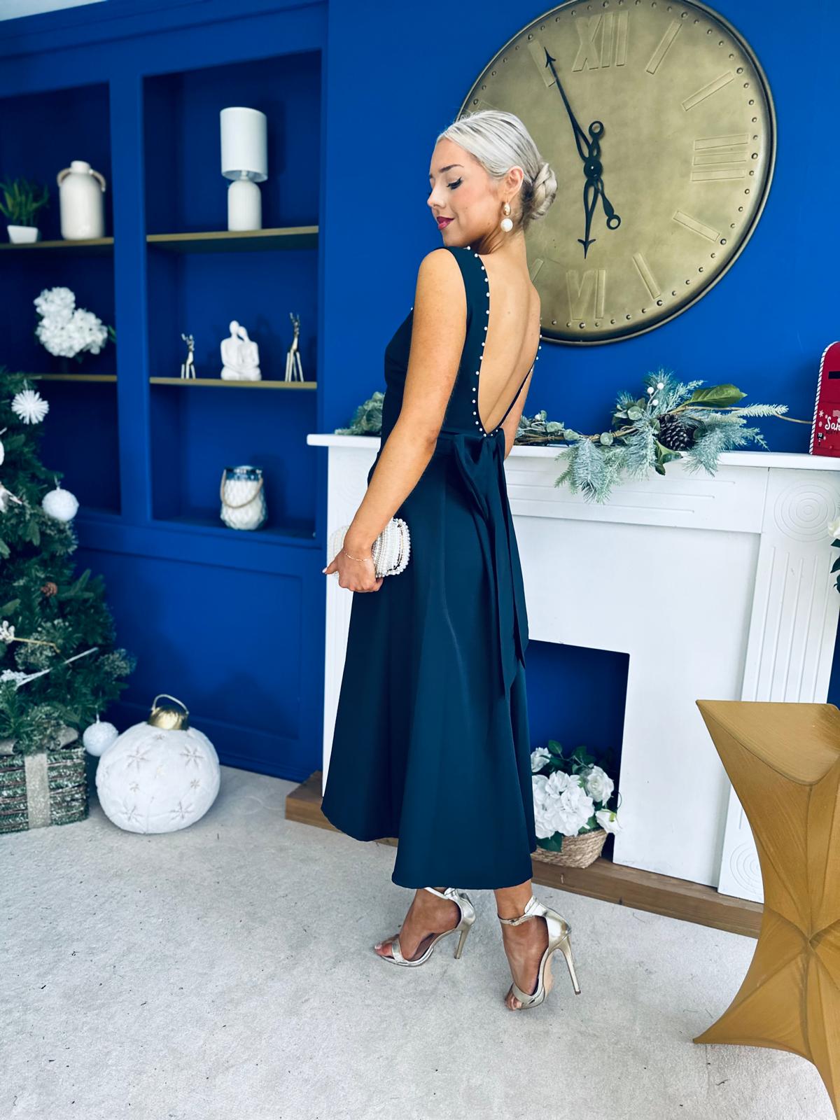 Harper Pearl & Bow Detail Midi Dress Navy