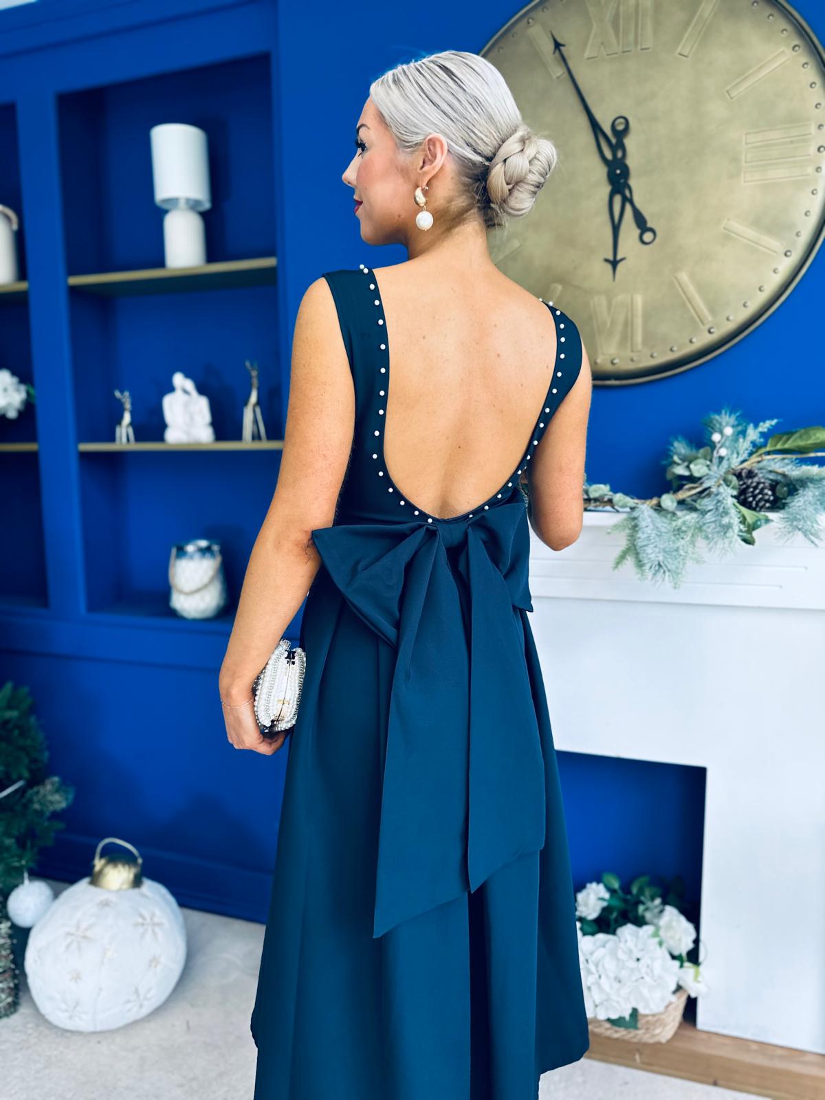 Harper Pearl & Bow Detail Midi Dress Navy