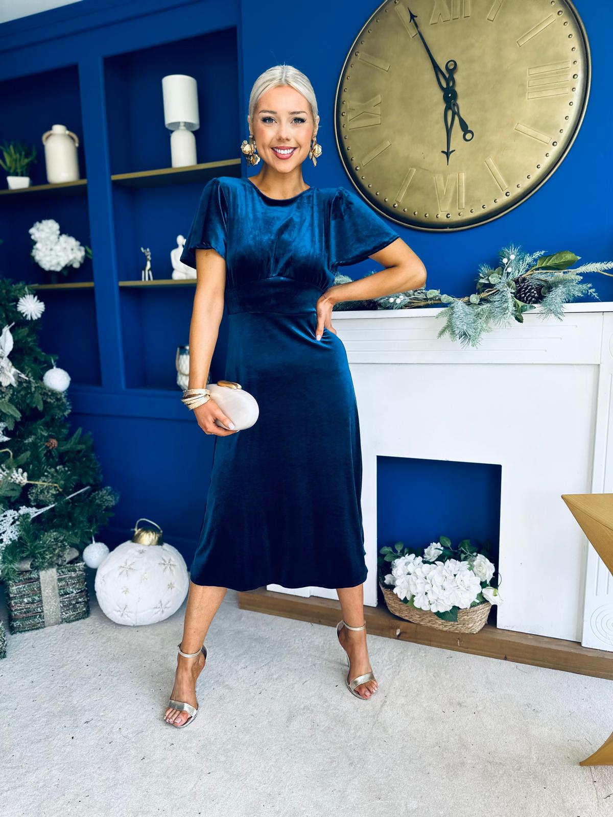 Jessica Angel Sleeve Bow Detail Velvet Dress Navy