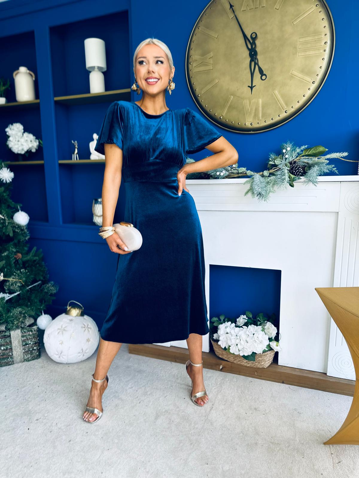 Jessica Angel Sleeve Bow Detail Velvet Dress Navy