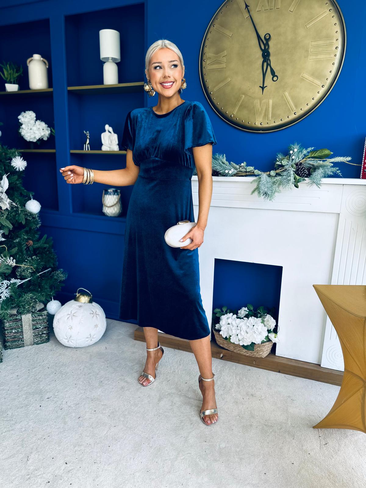 Jessica Angel Sleeve Bow Detail Velvet Dress Navy