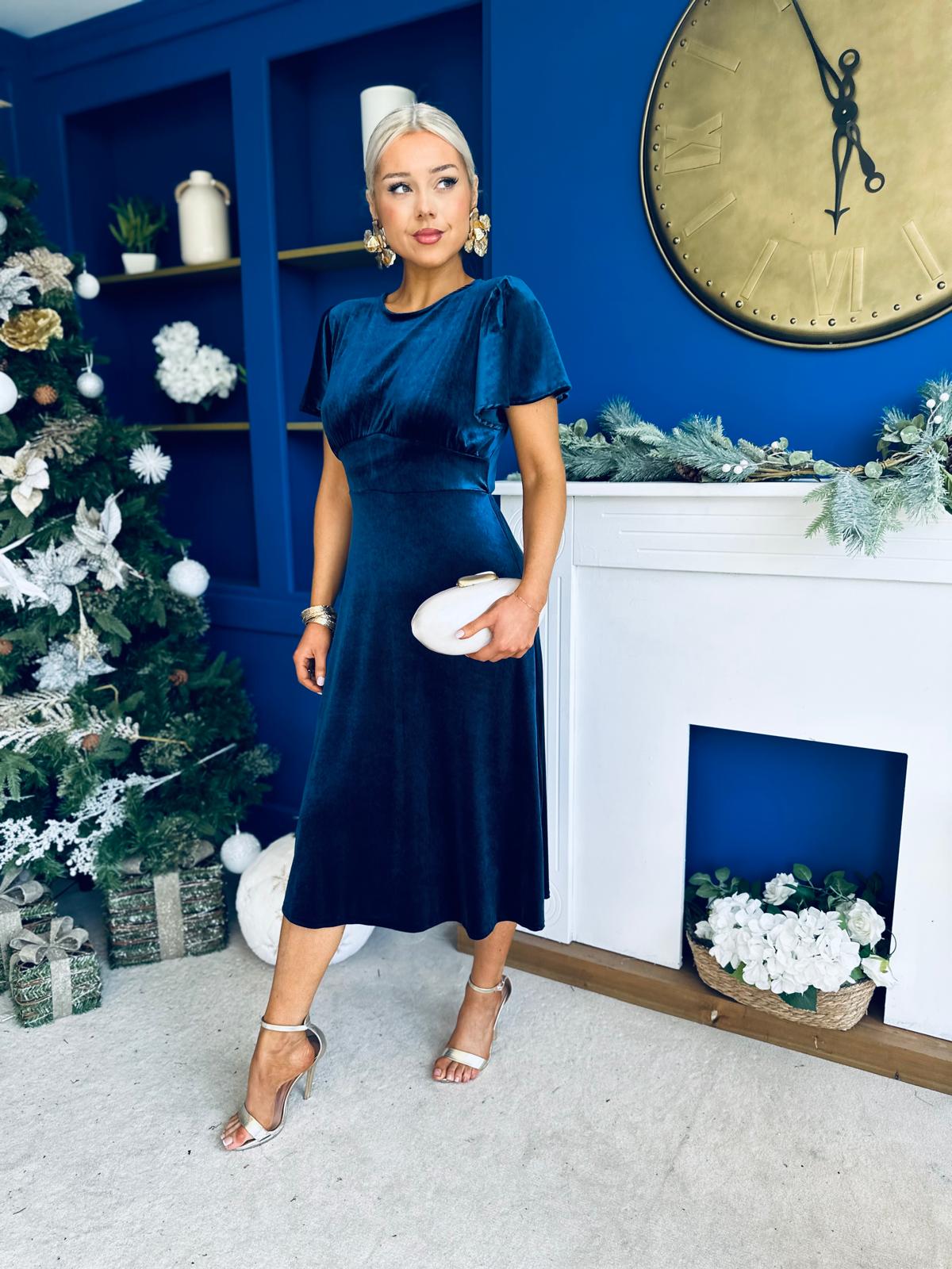 Jessica Angel Sleeve Bow Detail Velvet Dress Navy