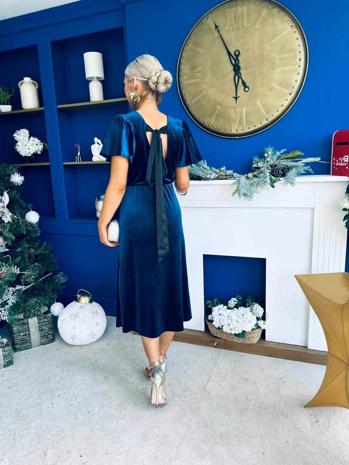 Jessica Angel Sleeve Bow Detail Velvet Dress Navy