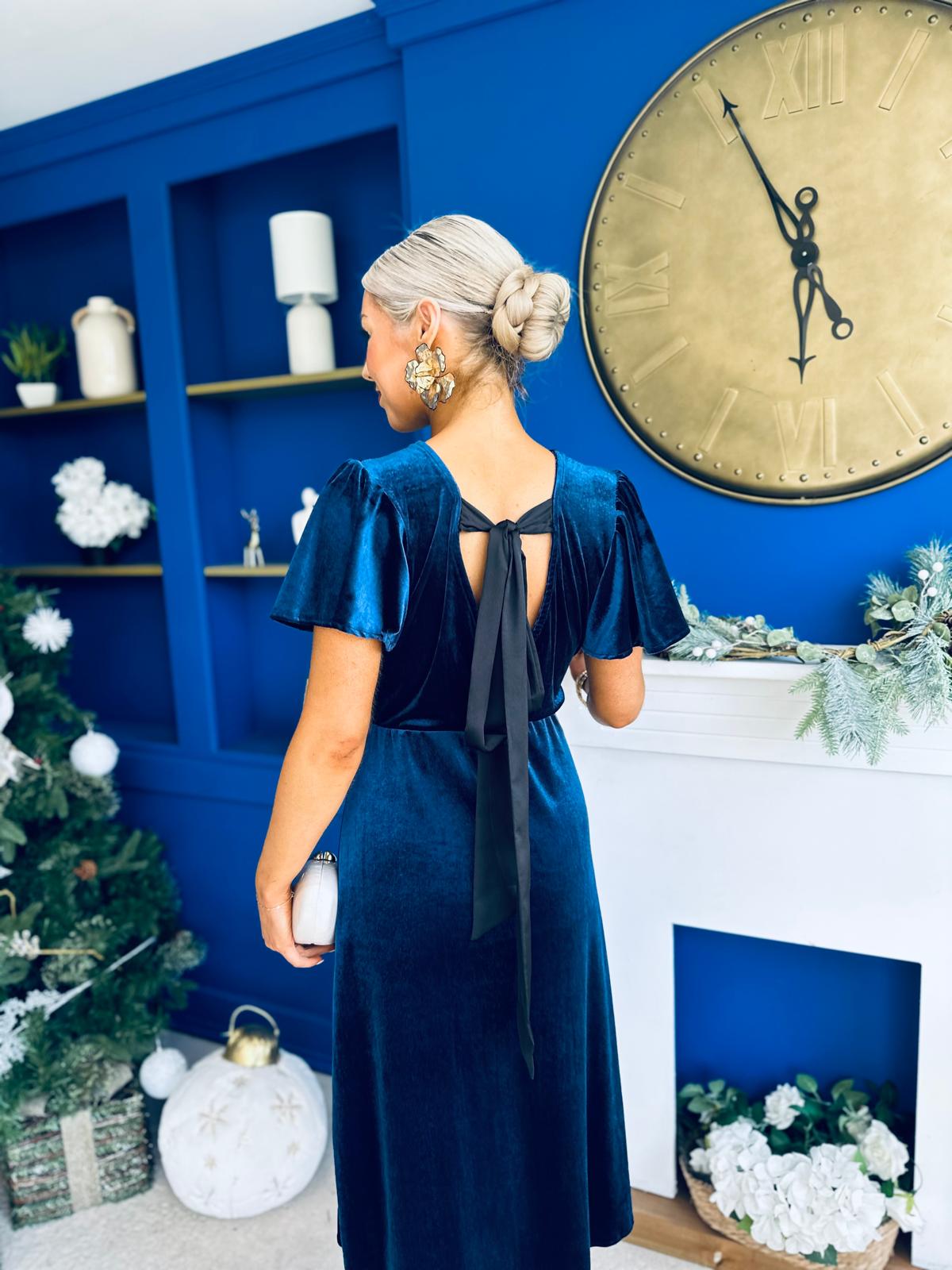 Jessica Angel Sleeve Bow Detail Velvet Dress Navy