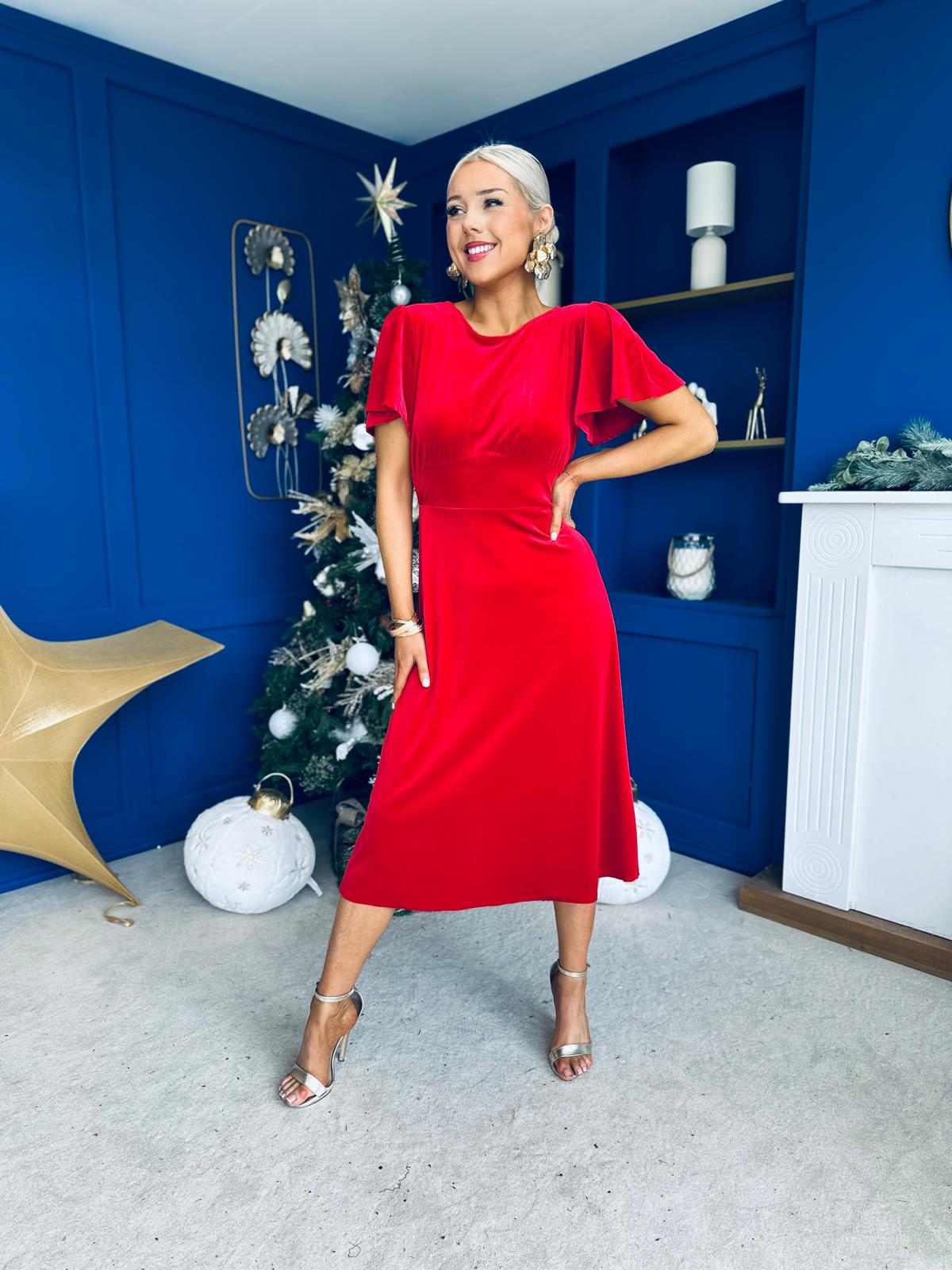 Jessica Angel Sleeve Bow Detail Velvet Dress Red