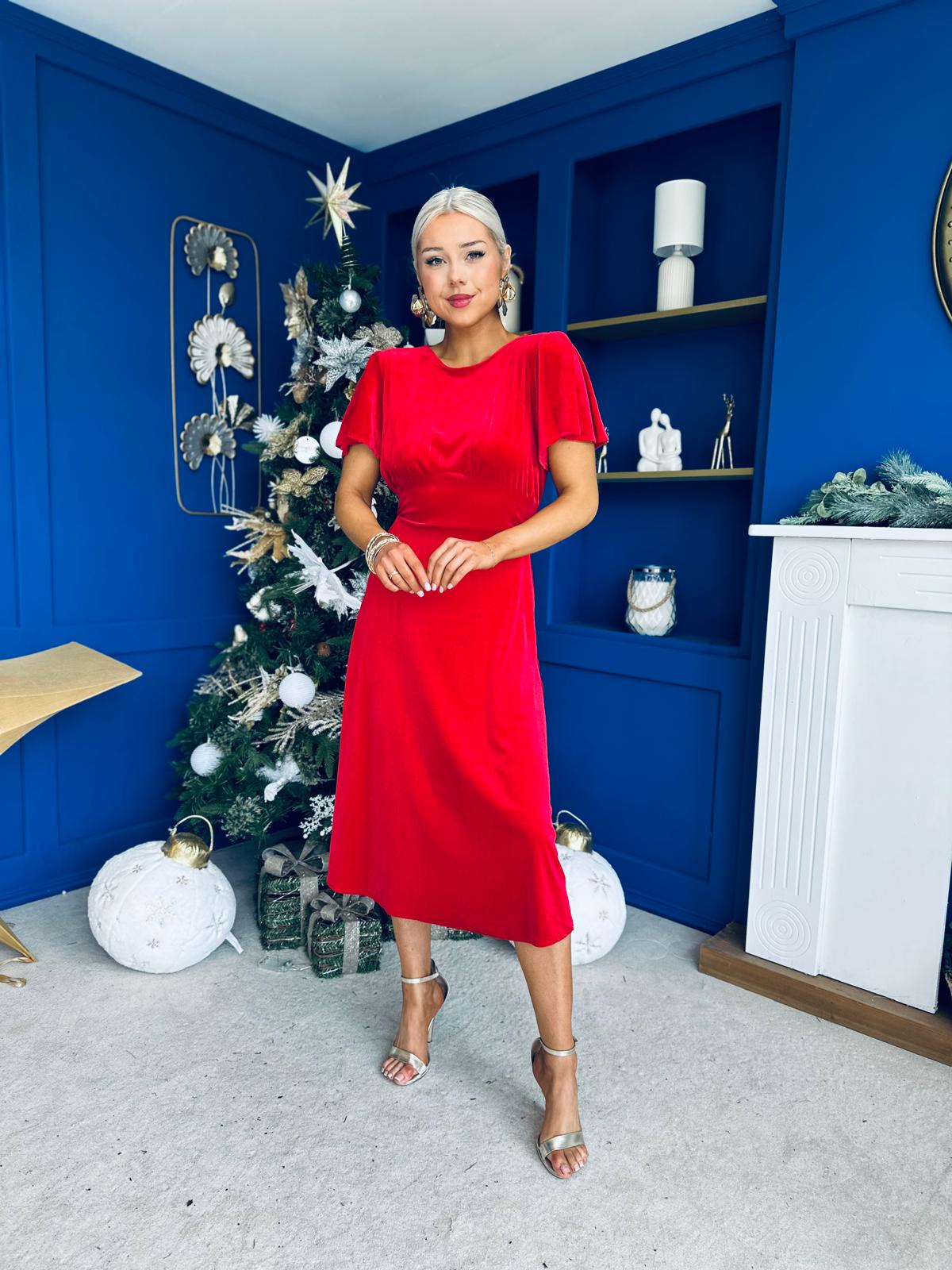 Jessica Angel Sleeve Bow Detail Velvet Dress Red