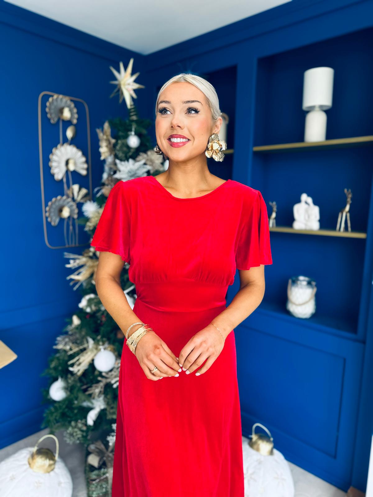 Jessica Angel Sleeve Bow Detail Velvet Dress Red