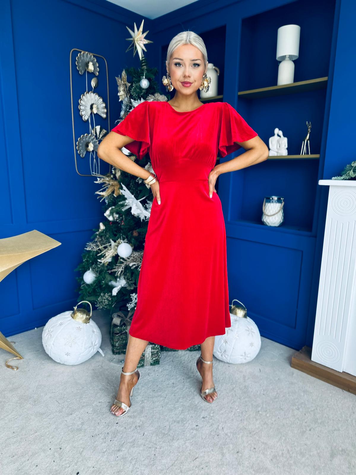 Jessica Angel Sleeve Bow Detail Velvet Dress Red