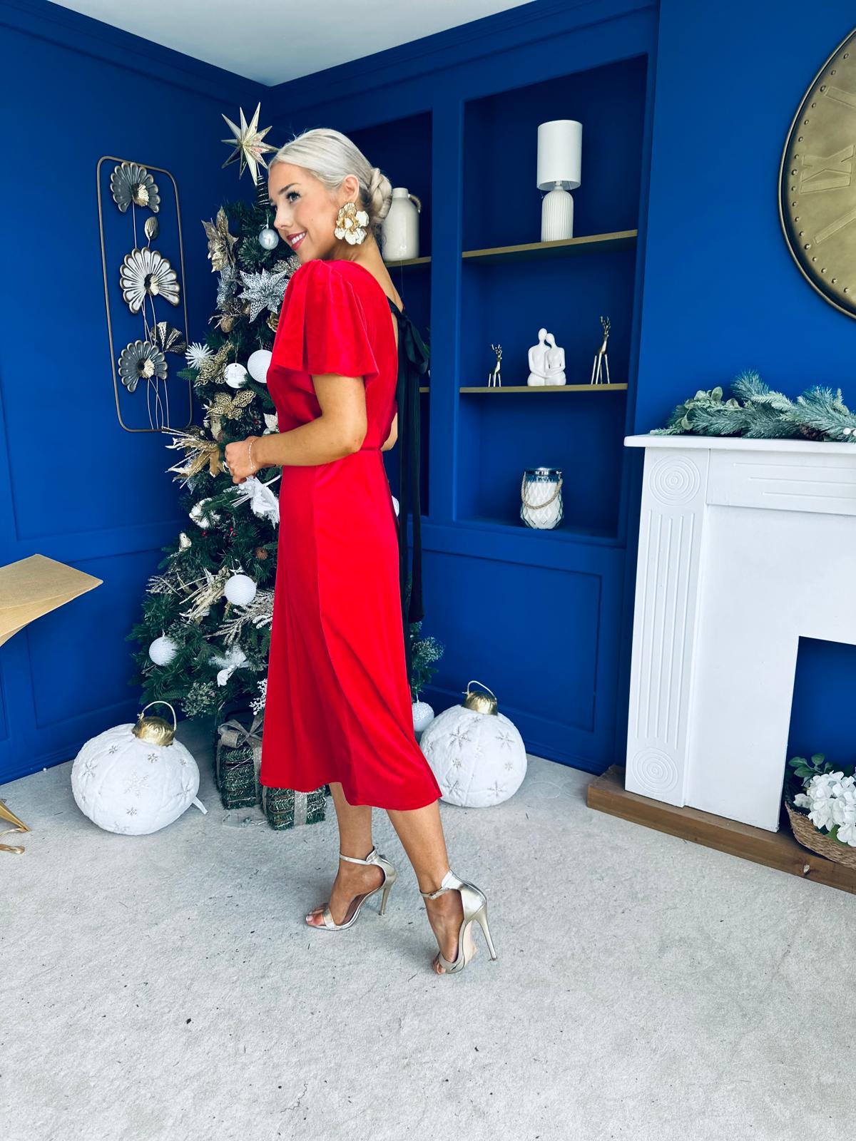 Jessica Angel Sleeve Bow Detail Velvet Dress Red