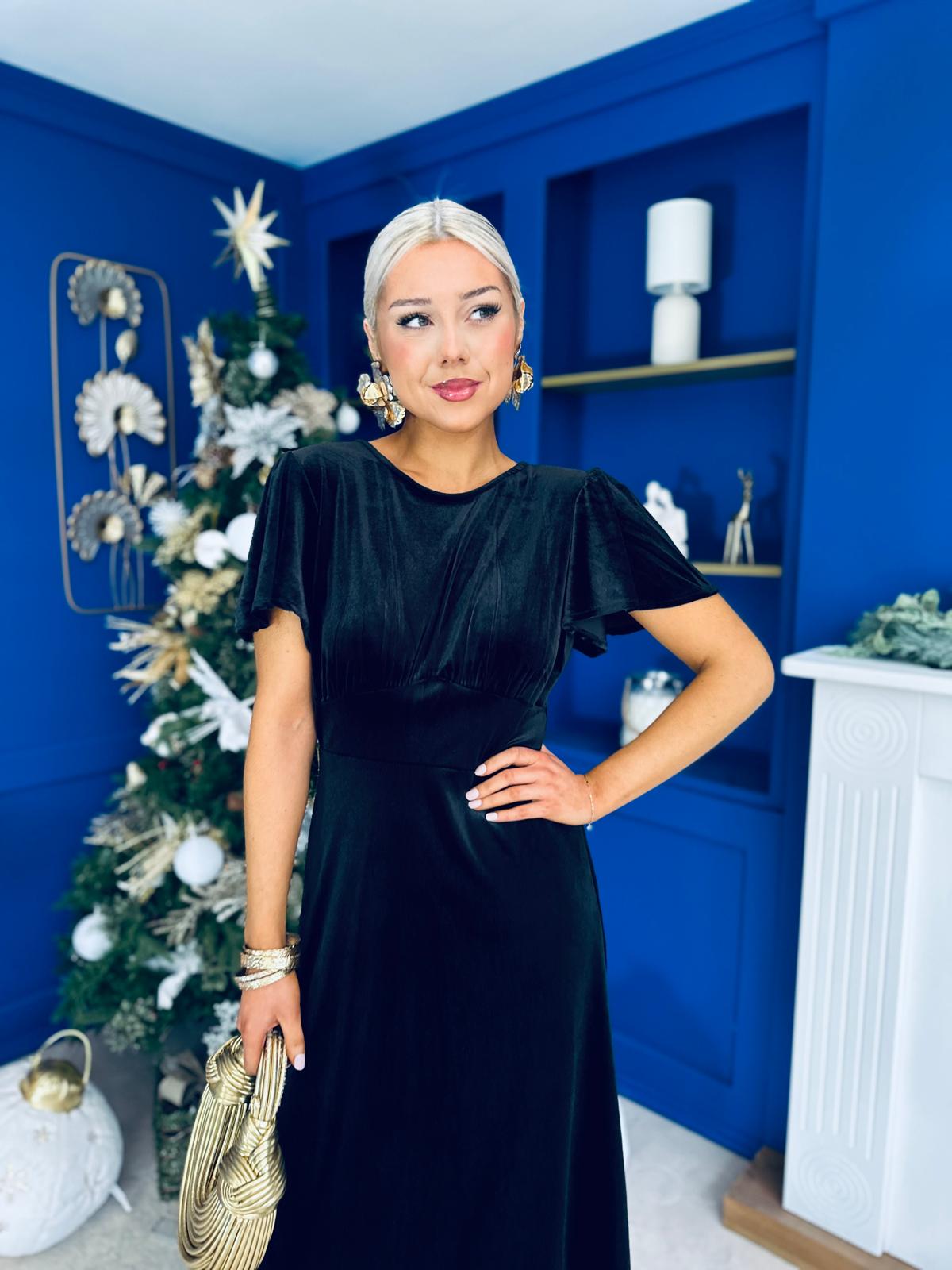 Jessica Angel Sleeve Bow Detail Velvet Dress Black