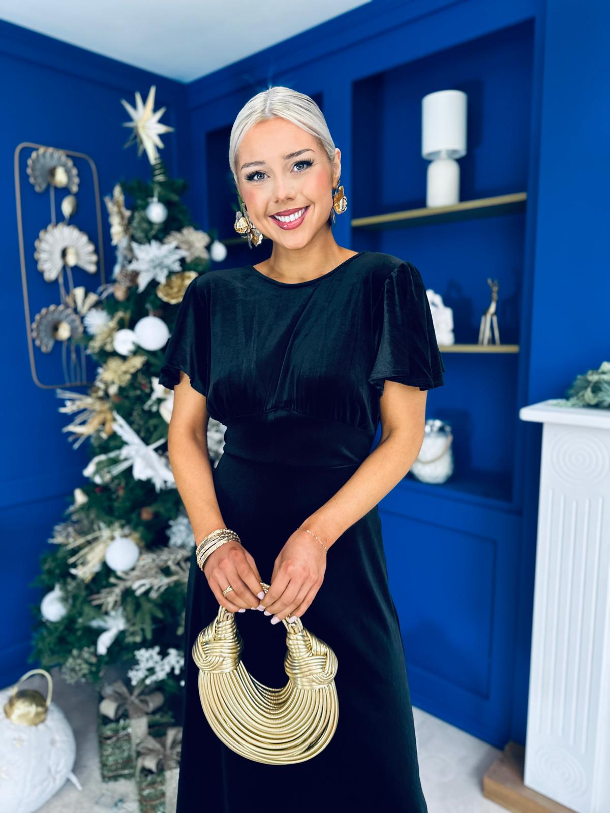 Jessica Angel Sleeve Bow Detail Velvet Dress Black