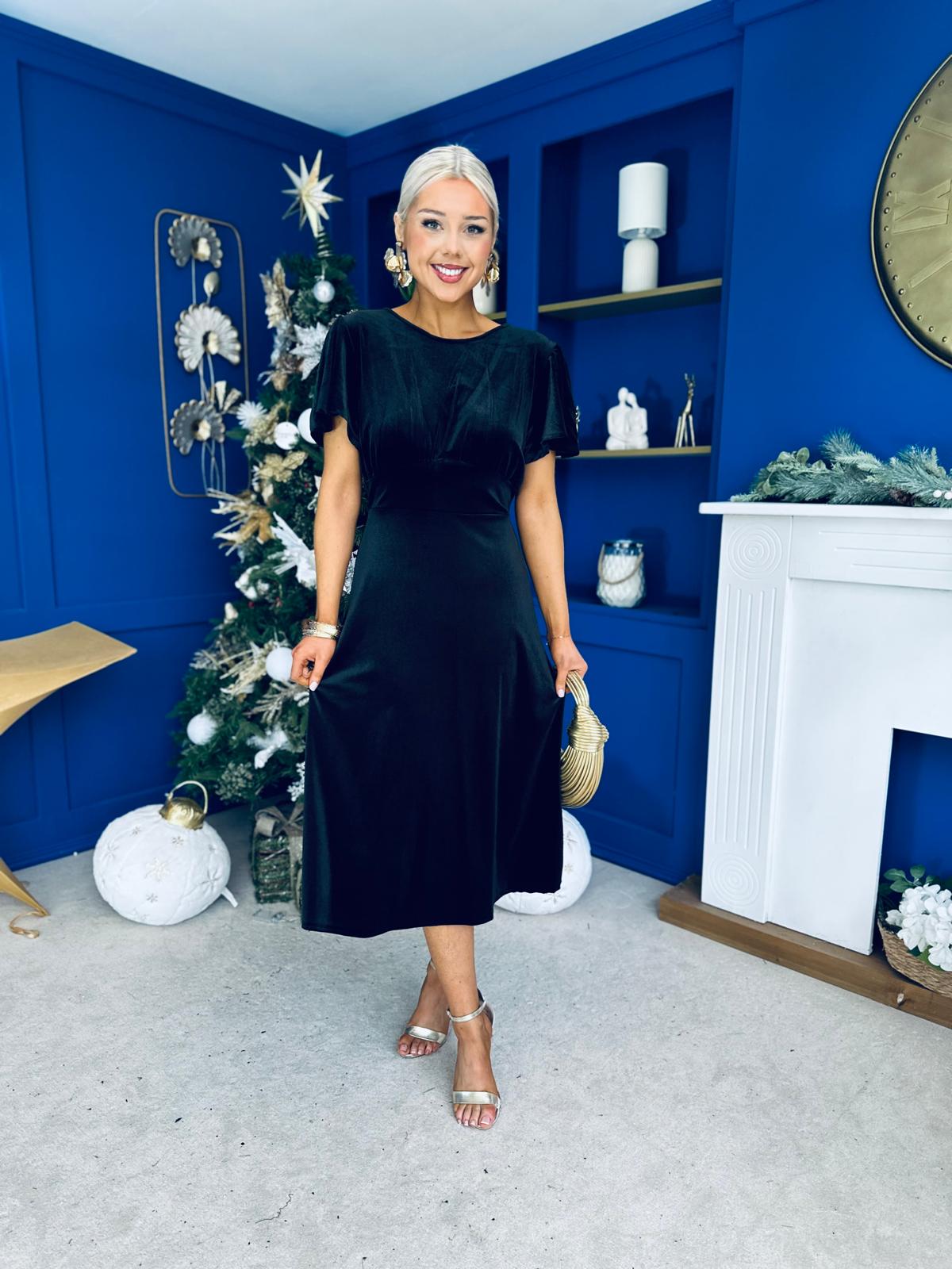 Jessica Angel Sleeve Bow Detail Velvet Dress Black