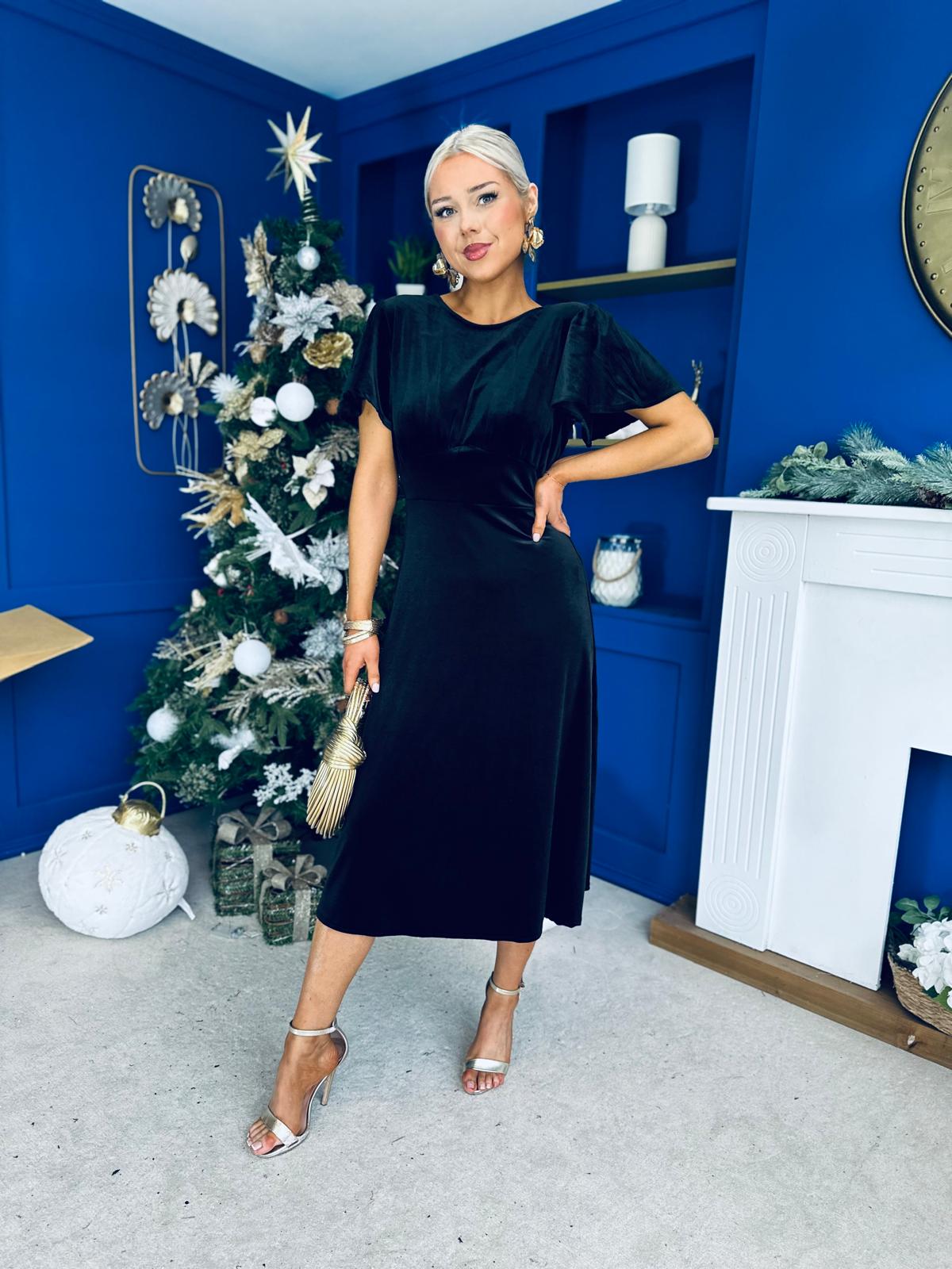 Jessica Angel Sleeve Bow Detail Velvet Dress Black