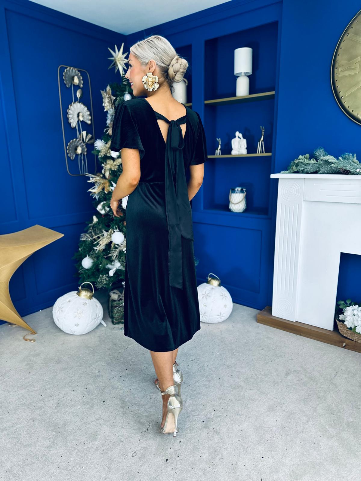 Jessica Angel Sleeve Bow Detail Velvet Dress Black