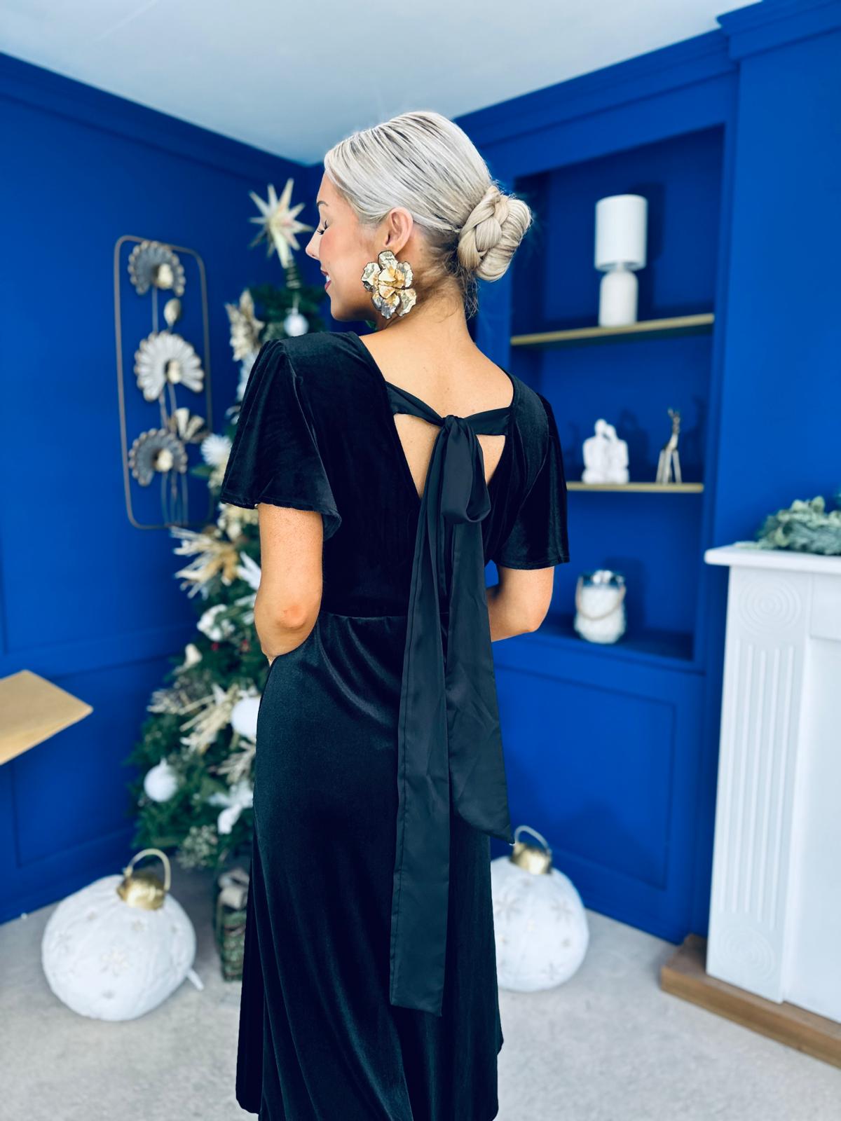 Jessica Angel Sleeve Bow Detail Velvet Dress Black