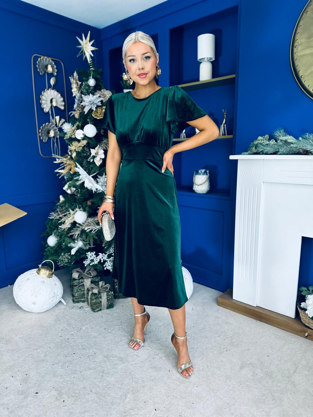 Jessica Angel Sleeve Bow Detail Velvet Dress Forest