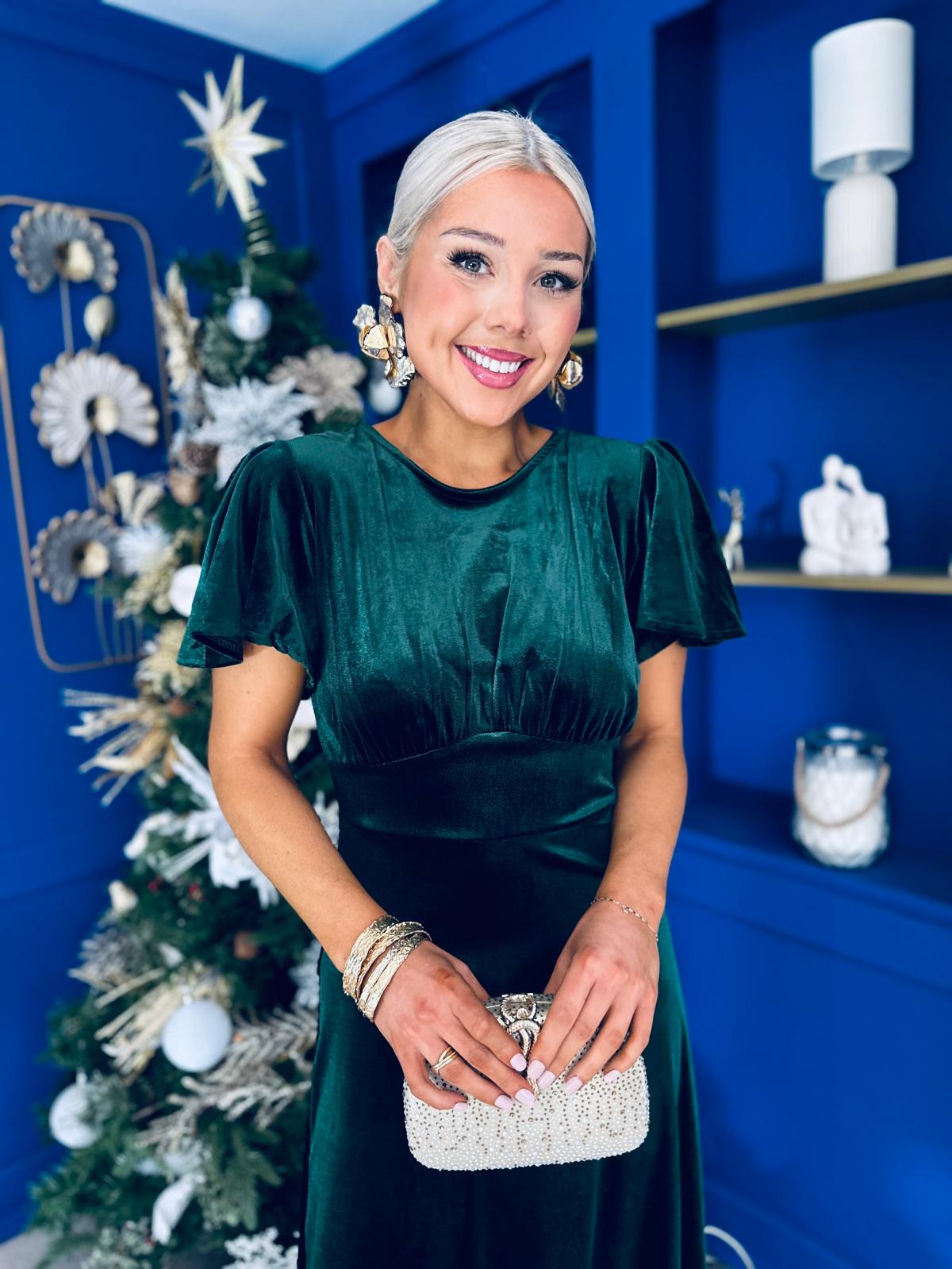 Jessica Angel Sleeve Bow Detail Velvet Dress Forest