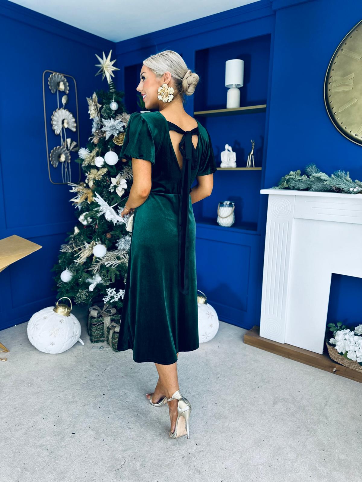 Jessica Angel Sleeve Bow Detail Velvet Dress Forest