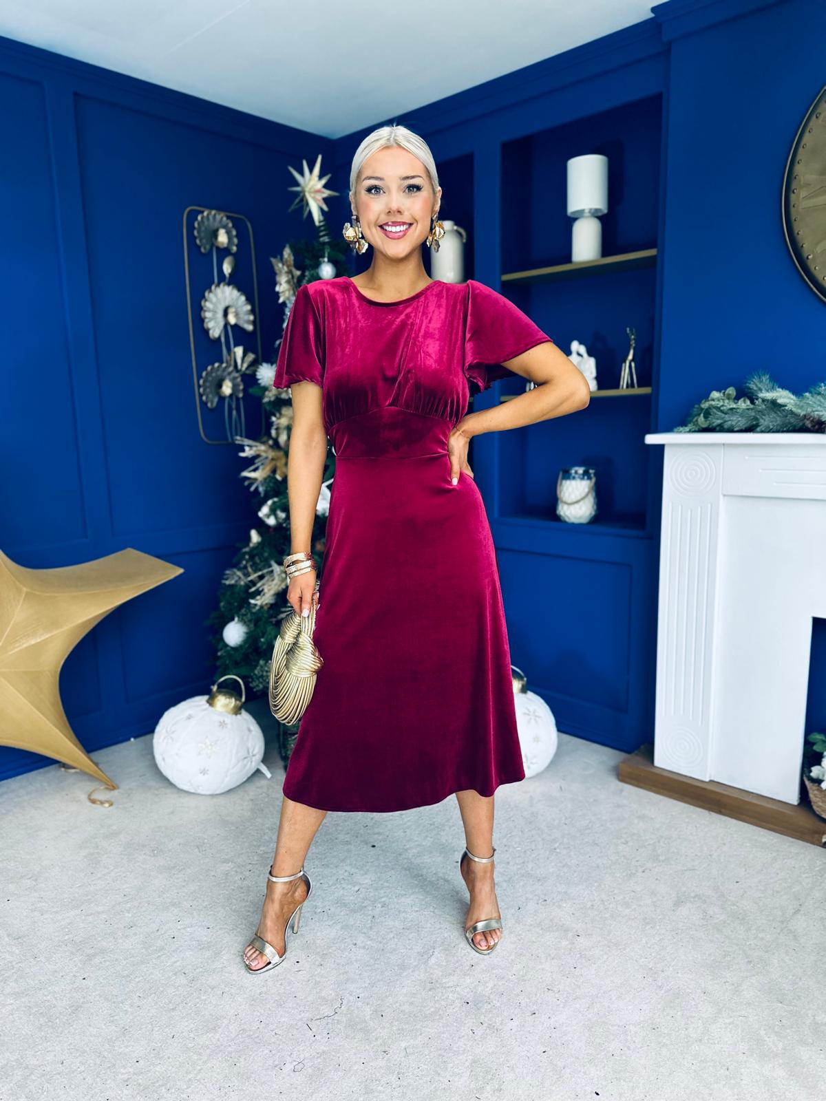 Jessica Angel Sleeve Bow Detail Velvet Dress Wine