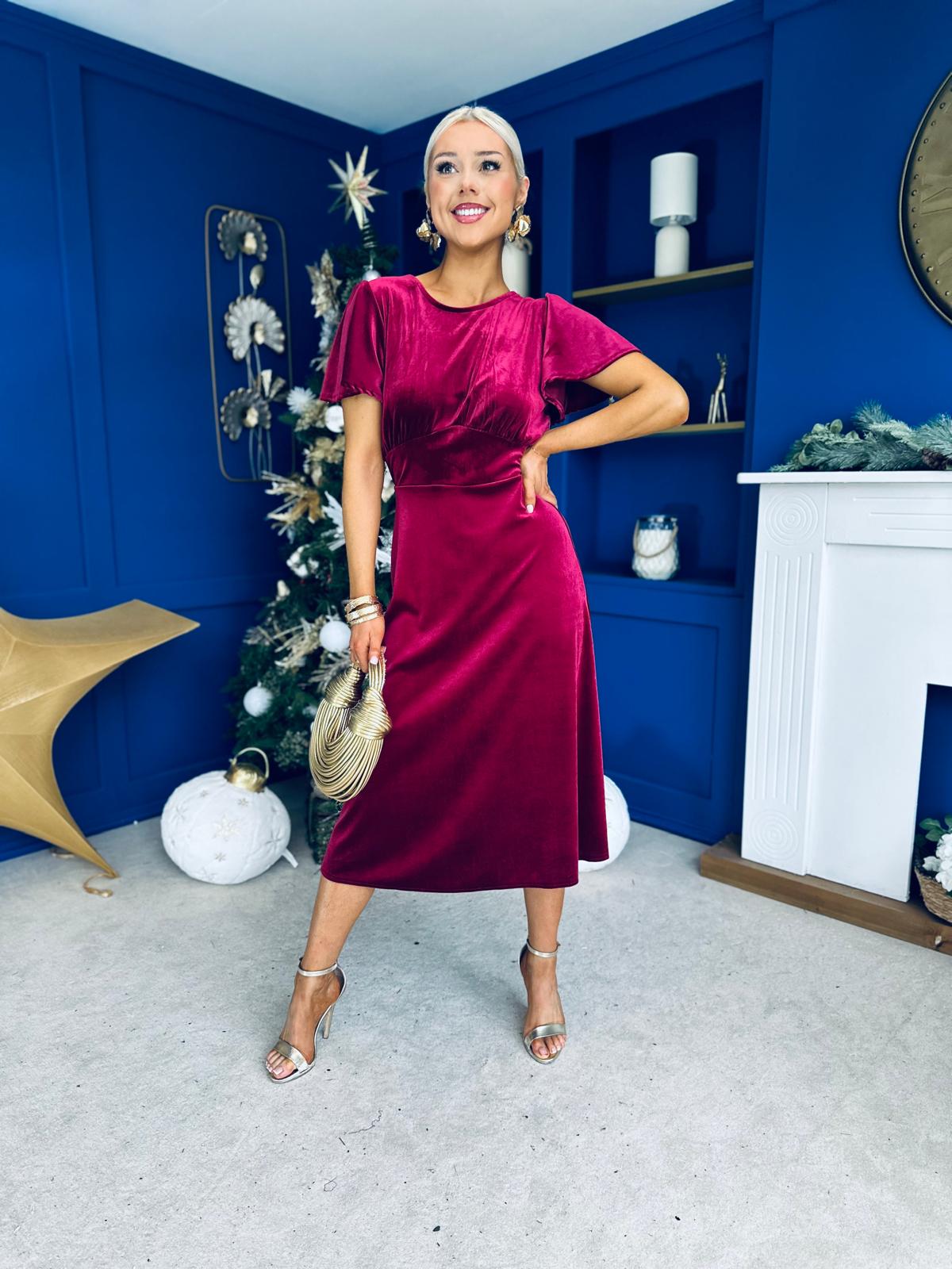 Jessica Angel Sleeve Bow Detail Velvet Dress Wine