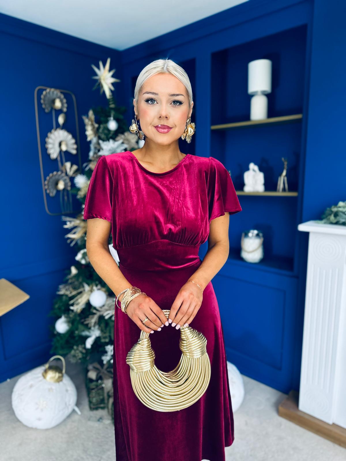 Jessica Angel Sleeve Bow Detail Velvet Dress Wine